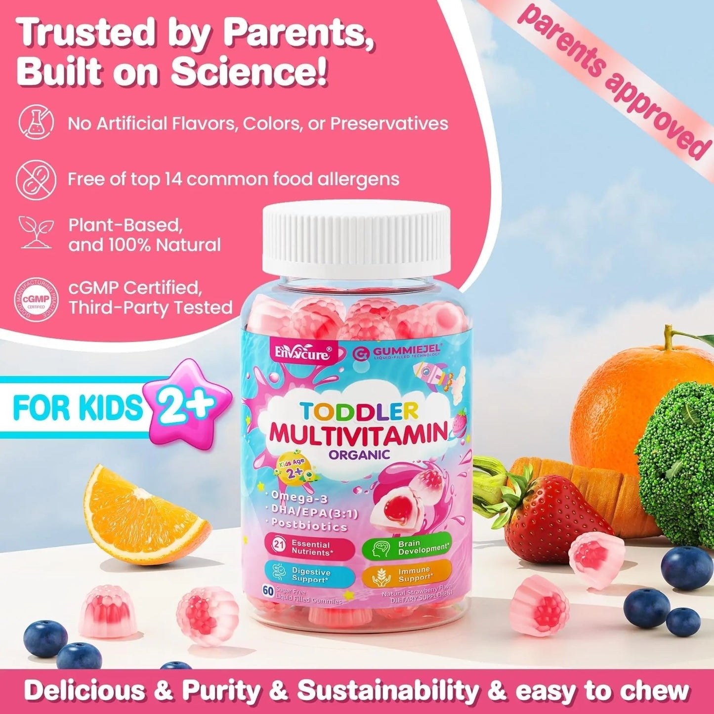 Organic Toddler Multivitamin Gummies + Omega-3 (DHA/EPA), Postbiotics | kids 2+ multivitamin | Vitamins A C D3 Methyl B12 Folate Zinc - Maple Wellness Supplements
