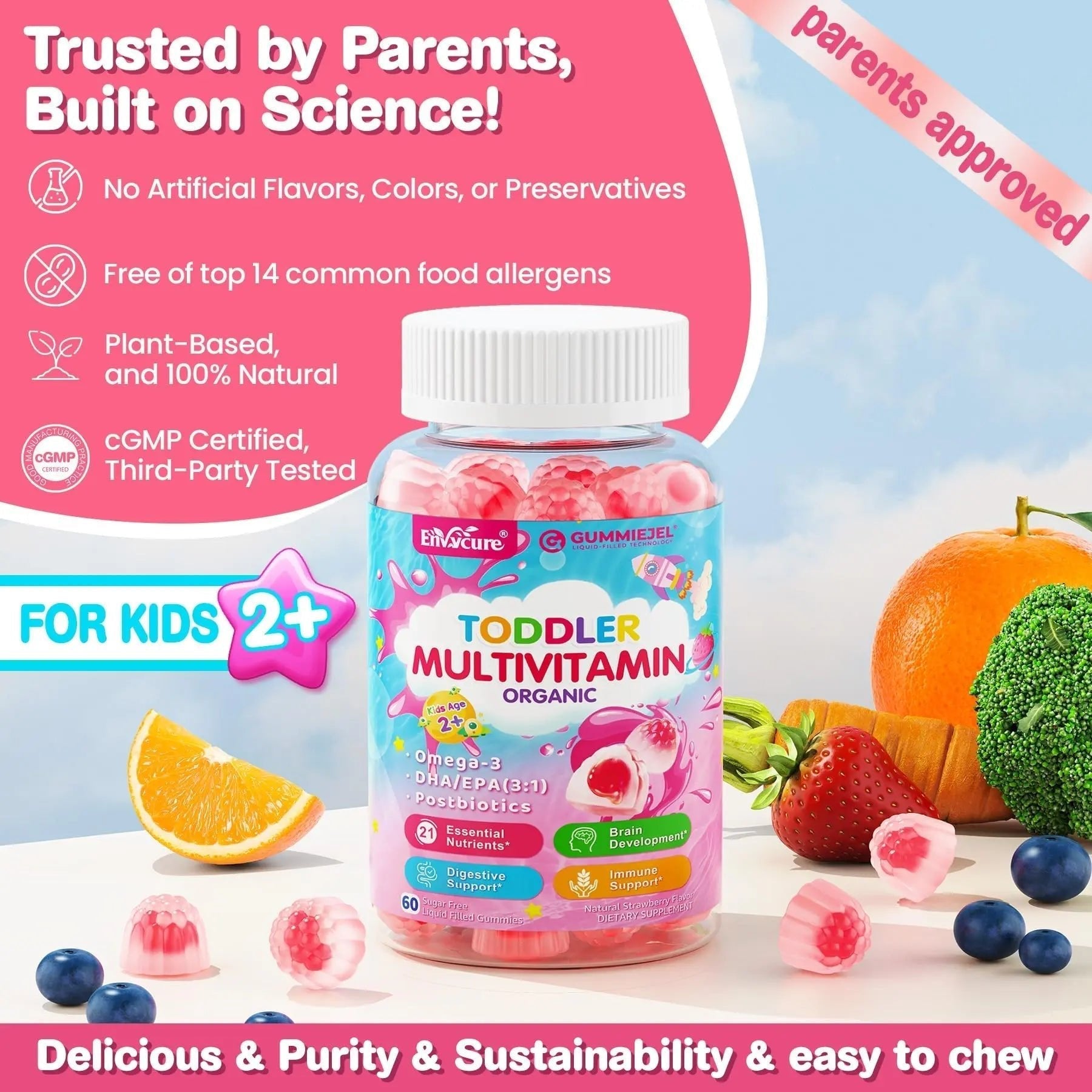 Organic Toddler Multivitamin Gummies + Omega-3 (DHA/EPA), Postbiotics | kids 2+ multivitamin | Vitamins A C D3 Methyl B12 Folate Zinc - Maple Wellness Supplements