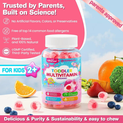 Organic Toddler Multivitamin Gummies + Omega-3 (DHA/EPA), Postbiotics | kids 2+ multivitamin | Vitamins A C D3 Methyl B12 Folate Zinc - Maple Wellness Supplements