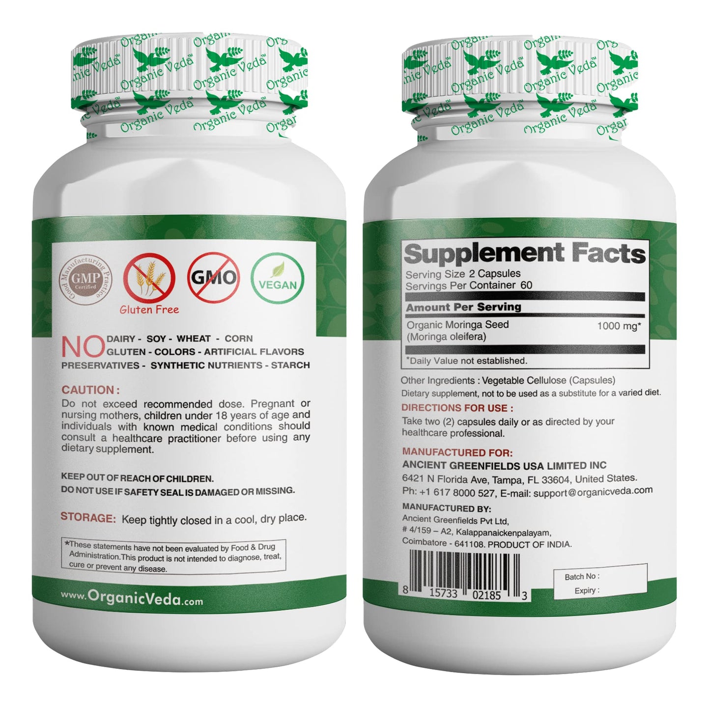 Organic Veda Moringa Seed Capsules - Pure Organic Moringa Capsules Seed Powder - Maple Wellness Supplements