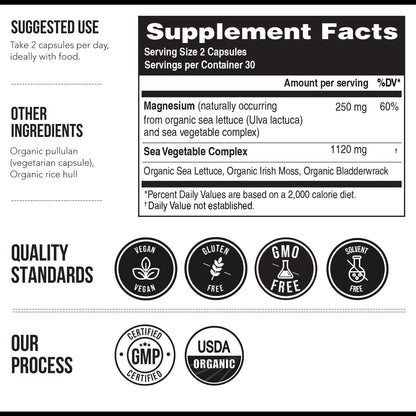 Organic Whole Food Magnesium Supplement - Plant-Based, Organic Sea Vegetable Complex - 250 mg Per Serving | Water Extracted | Gentle on Stomach | Supports Energy, Sleep, Muscle, Heart - 60 Capsules - Maple Wellness Supplements