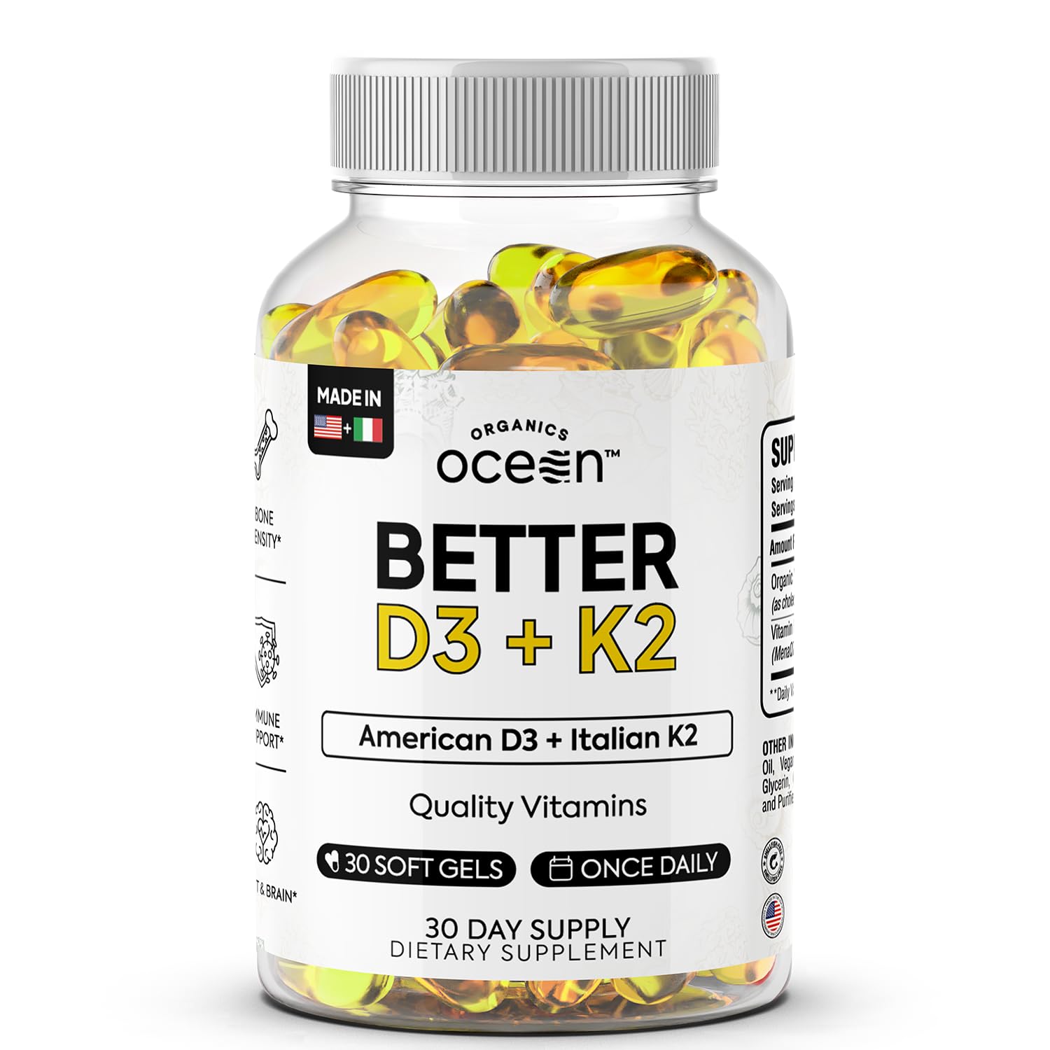 Organics Ocean Better D3 + K2-100% Organic VIT D3 and K2 Supplements with Maximum Bioavailability - Supports Bone Density, Calcium Balance, Immunity & Mood - 1-Pack, 30-Day Supply - Maple Wellness Supplements