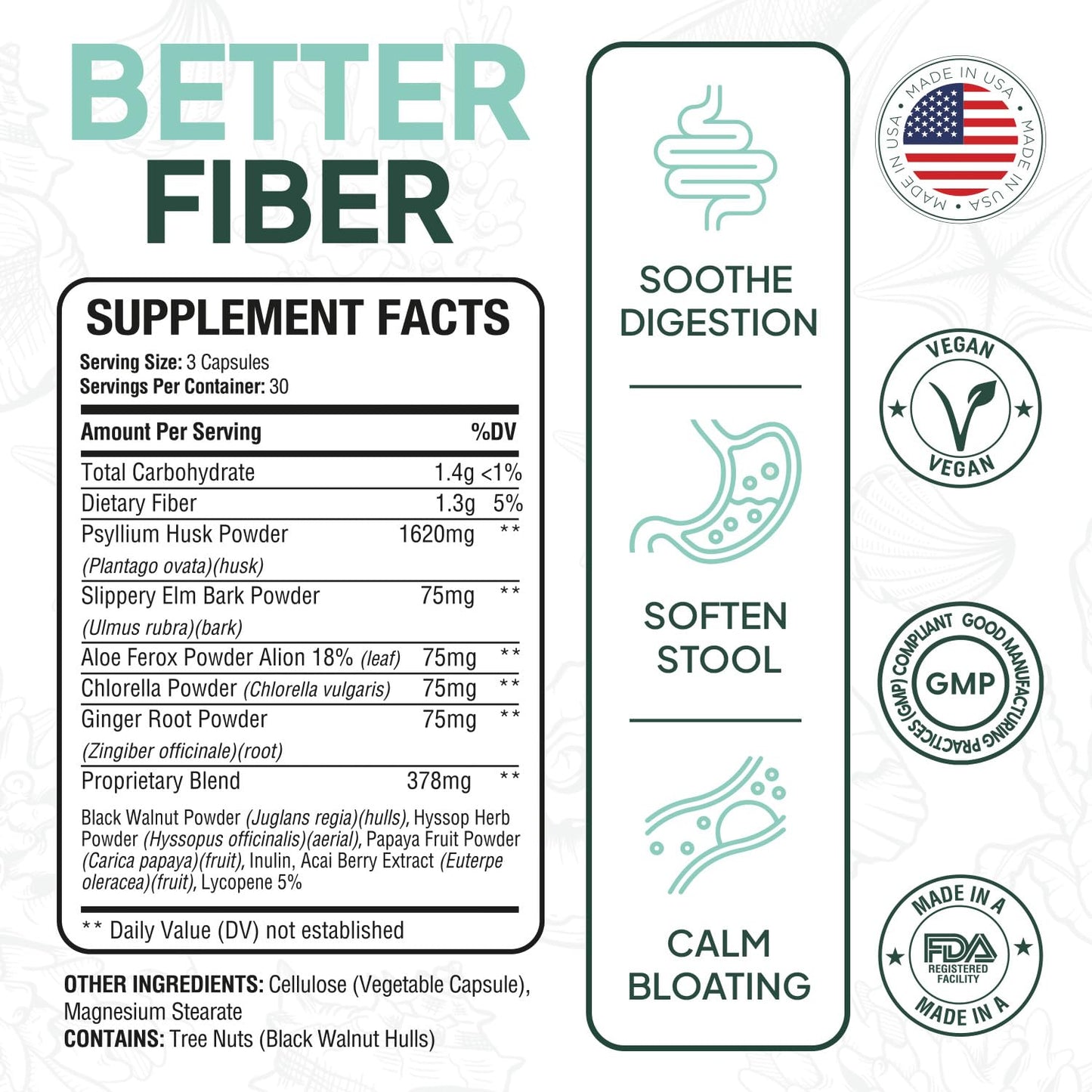 Organics Ocean Better Fiber - Daily Fiber Supplement - Soften Stool for Effortless Bowel Movements - with Psyllium Hulk and Slippery Elm - 90 Capsules - Maple Wellness Supplements
