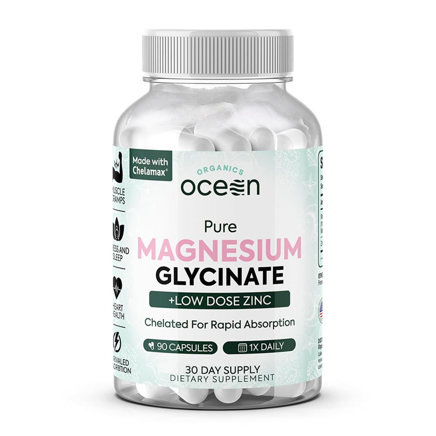 Organics Ocean Pure Magnesium Glycinate with Zinc - Maximum Strength Chelated Magnesium Supplement for Women and Men - Maple Wellness Supplements