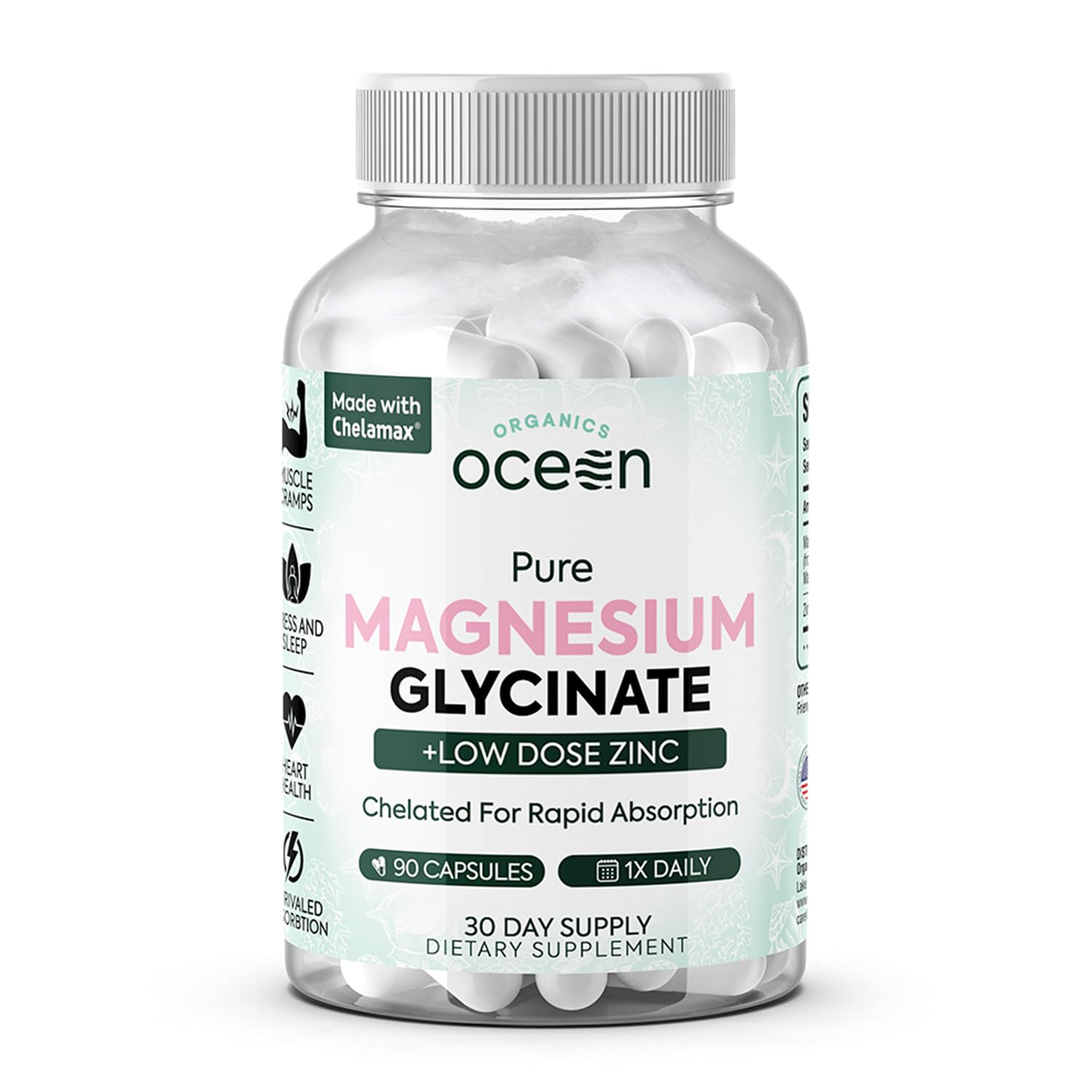 Organics Ocean Pure Magnesium Glycinate with Zinc - Maximum Strength Chelated Magnesium Supplement for Women and Men - Maple Wellness Supplements