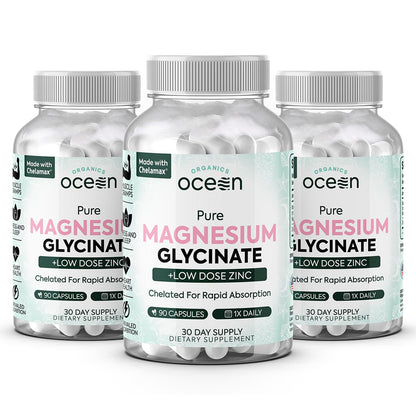 Organics Ocean Pure Magnesium Glycinate with Zinc - Maximum Strength Chelated Magnesium Supplement for Women and Men for Muscle Cramps and Sleep Support - 3 Bottles - Maple Wellness Supplements