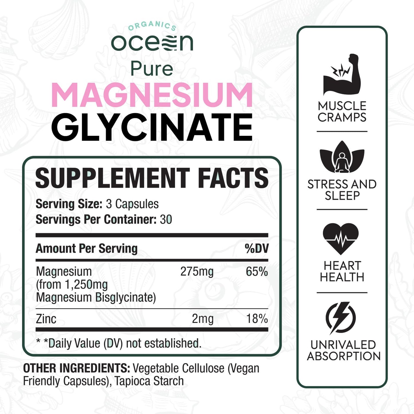 Organics Ocean Pure Magnesium Glycinate with Zinc - Maximum Strength Chelated Magnesium Supplement for Women and Men for Muscle Cramps and Sleep Support - 3 Bottles - Maple Wellness Supplements