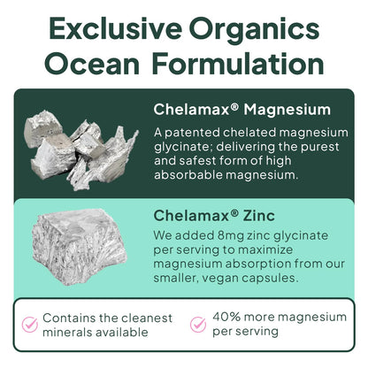 Organics Ocean Pure Magnesium Glycinate with Zinc - Maximum Strength Chelated Magnesium Supplement for Women and Men for Muscle Cramps and Sleep Support - 90 Capsule - Maple Wellness Supplements