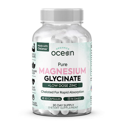 Organics Ocean Pure Magnesium Glycinate with Zinc - Maximum Strength Chelated Magnesium Supplement for Women and Men for Muscle Cramps and Sleep Support - 90 Capsule - Maple Wellness Supplements