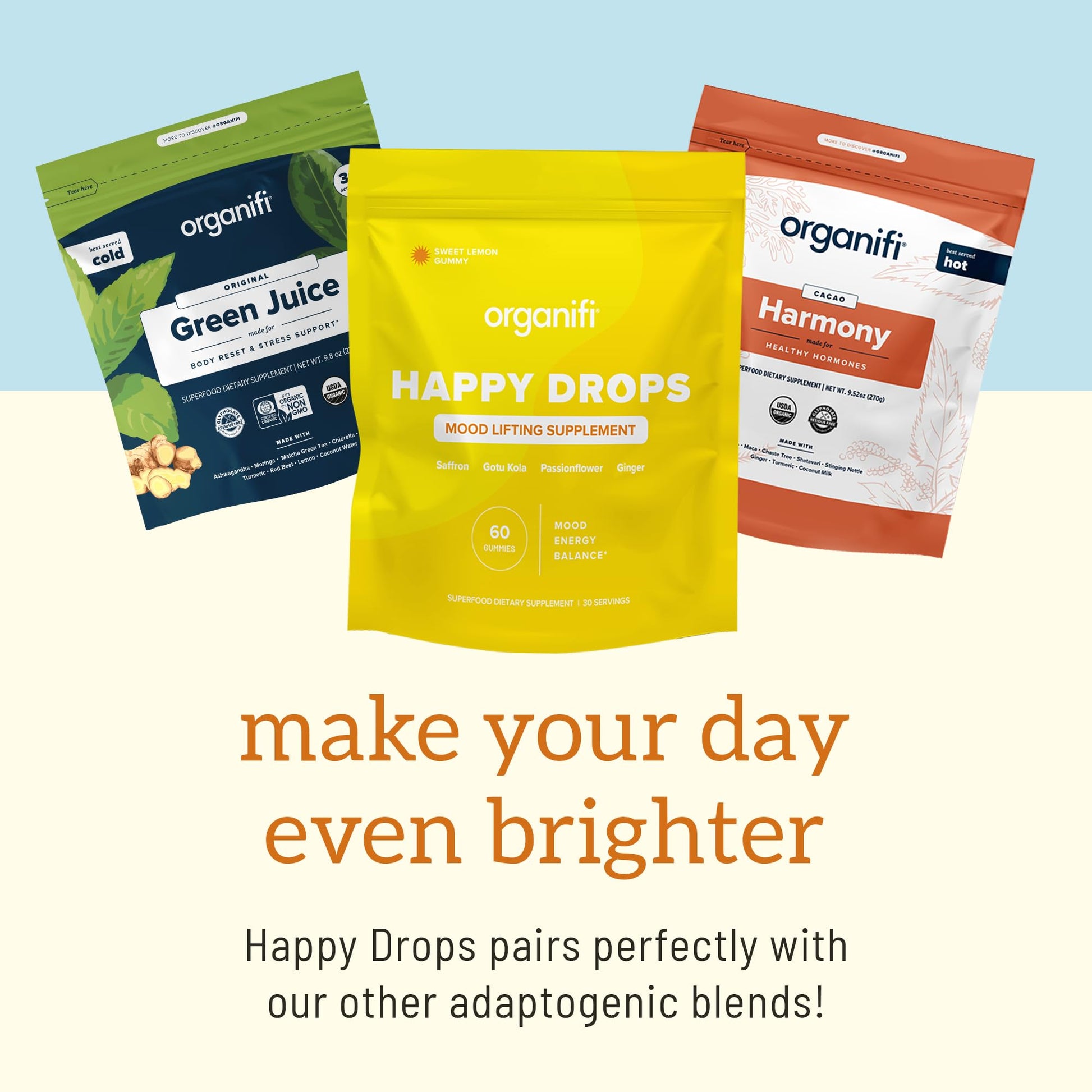 Organifi Happy Drops - Daily Superfood Happy Gummies for Adults - Mood Support Supplement for Balance, Bliss, Energy and Taking the Edge Off - Sweet Lemon Flavor - 60 Gummies - Maple Wellness Supplements