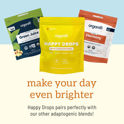 Organifi Happy Drops - Daily Superfood Happy Gummies for Adults - Mood Support Supplement for Balance, Bliss, Energy and Taking the Edge Off - Sweet Lemon Flavor - 60 Gummies - Maple Wellness Supplements