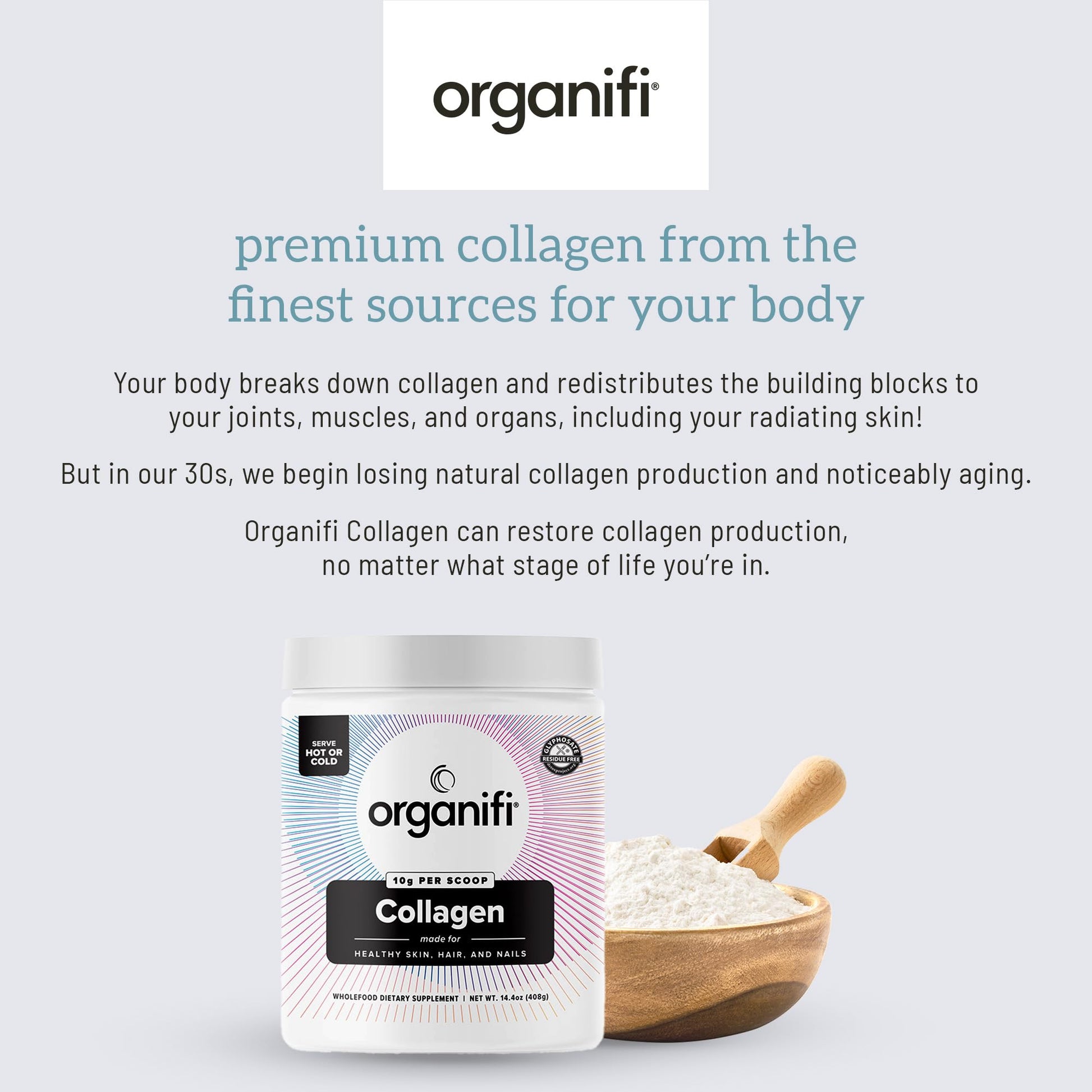 Organifi Unflavored Collagen Powder - Supports Stronger Skin, Nail, and Hair, 40 Servings - Maple Wellness Supplements