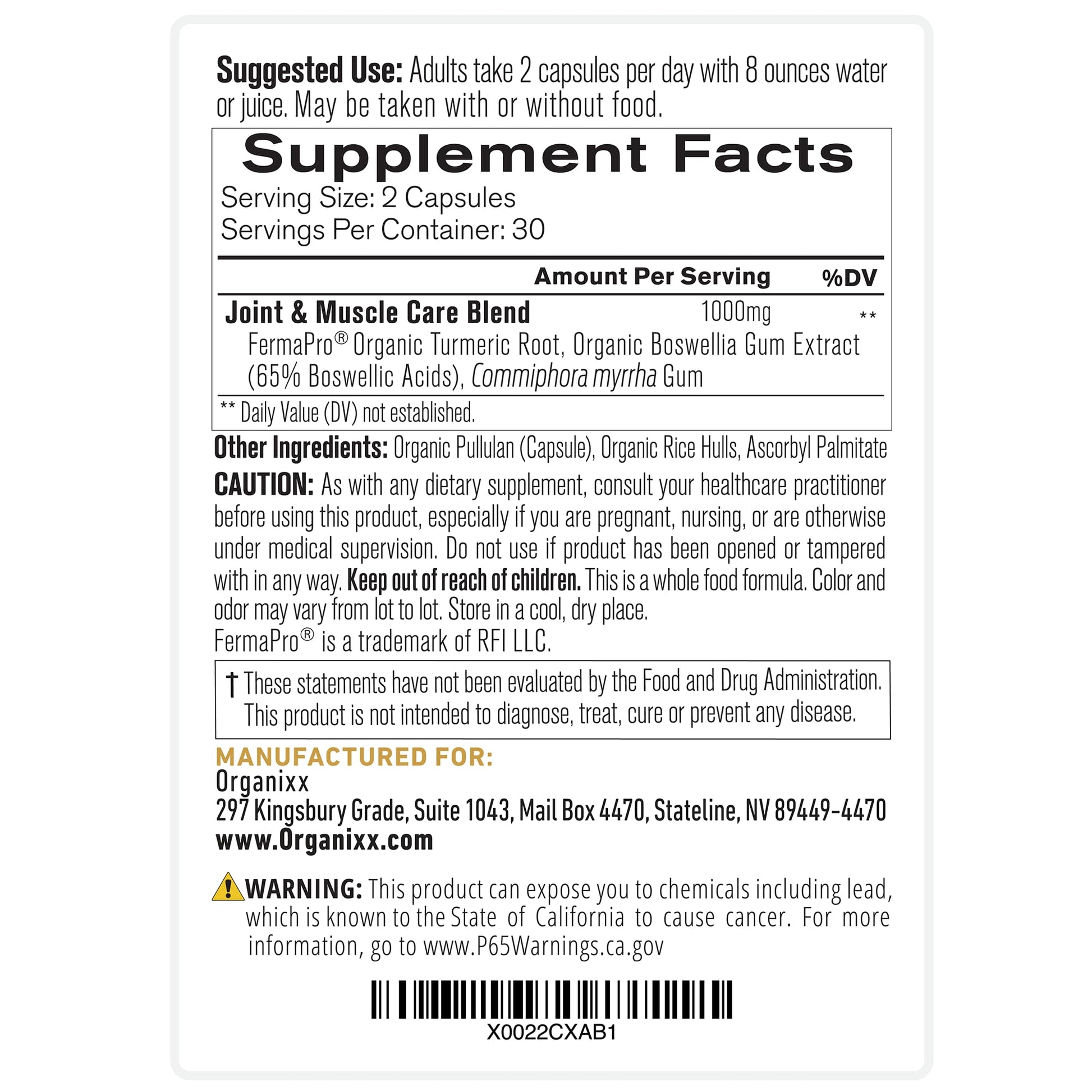 Organixx Joint & Muscle Care Organic Turmeric Supplement, 3-in-1 Frankincense, Turmeric and Myrrh Joint Health & Joint Support Supplement Body Care Capsules, Supports Swelling, Tension, 60 Capsules - Maple Wellness Supplements