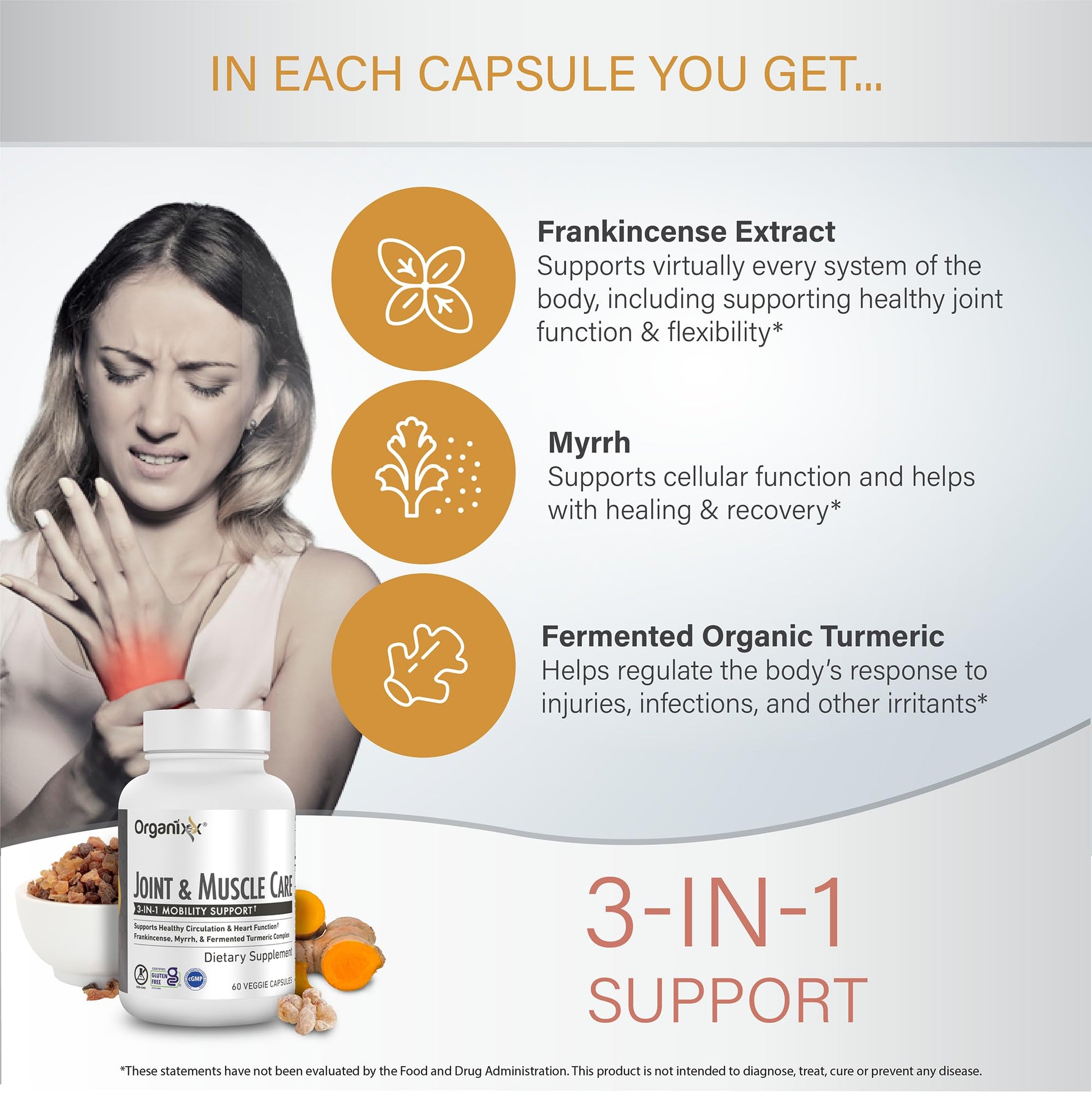 Organixx Joint & Muscle Care Organic Turmeric Supplement, 3-in-1 Frankincense, Turmeric and Myrrh Joint Health & Joint Support Supplement Body Care Capsules, Supports Swelling, Tension, 60 Capsules - Maple Wellness Supplements