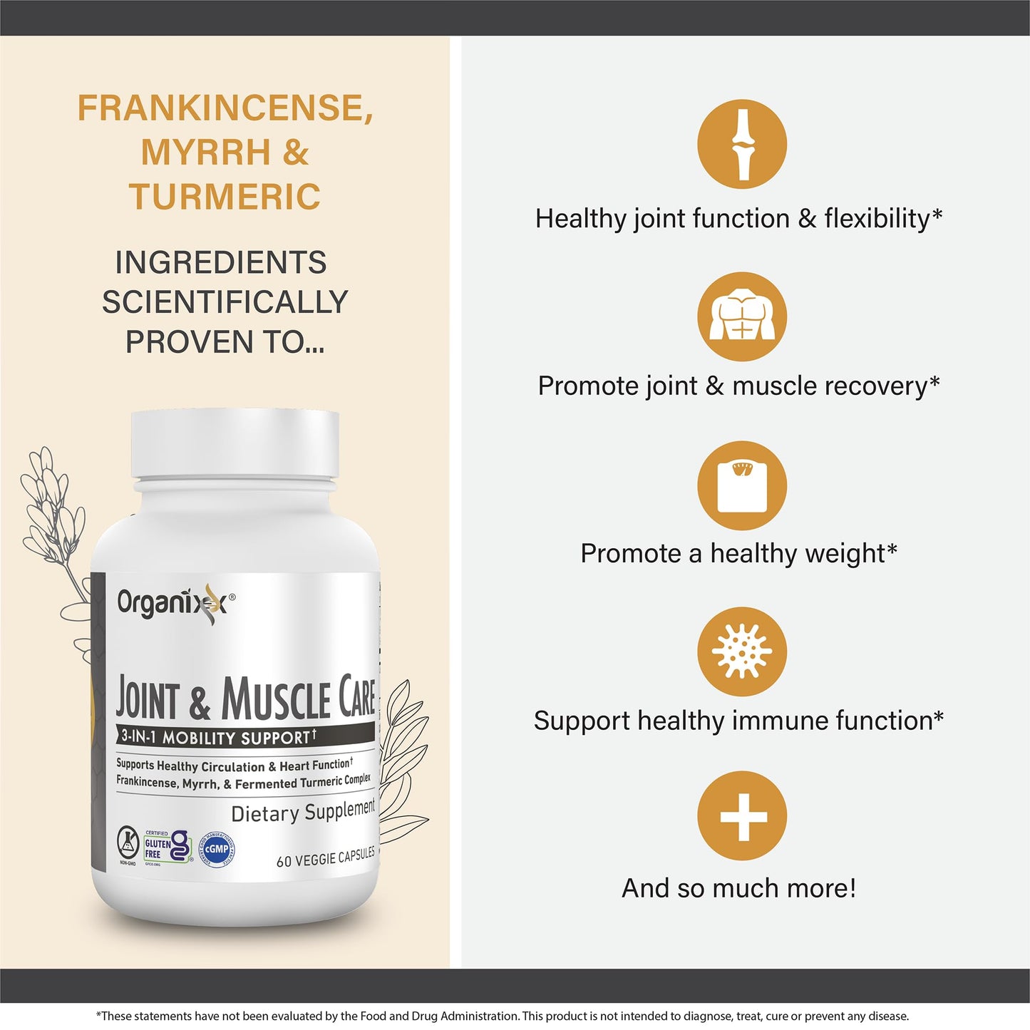Organixx Joint & Muscle Care Organic Turmeric Supplement, 3-in-1 Frankincense, Turmeric and Myrrh Joint Health & Joint Support Supplement Body Care Capsules, Supports Swelling, Tension, 60 Capsules - Maple Wellness Supplements
