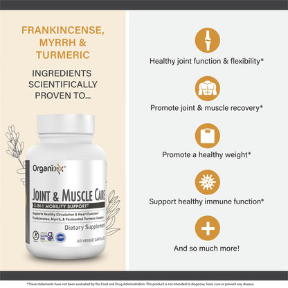 Organixx Joint & Muscle Care Organic Turmeric Supplement, 3-in-1 Frankincense, Turmeric and Myrrh Joint Health & Joint Support Supplement Body Care Capsules, Supports Swelling, Tension, 60 Capsules - Maple Wellness Supplements