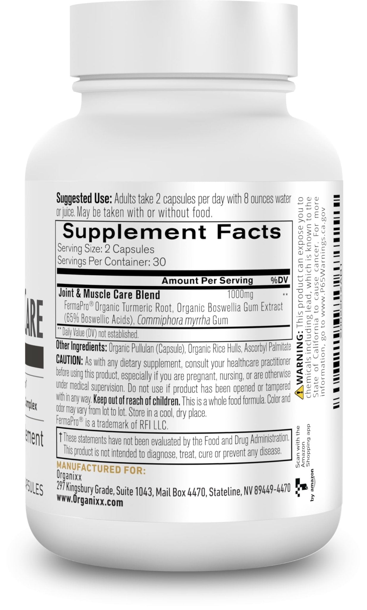 Organixx Joint & Muscle Care Organic Turmeric Supplement, 3-in-1 Frankincense, Turmeric and Myrrh Joint Health & Joint Support Supplement Body Care Capsules, Supports Swelling, Tension, 60 Capsules - Maple Wellness Supplements