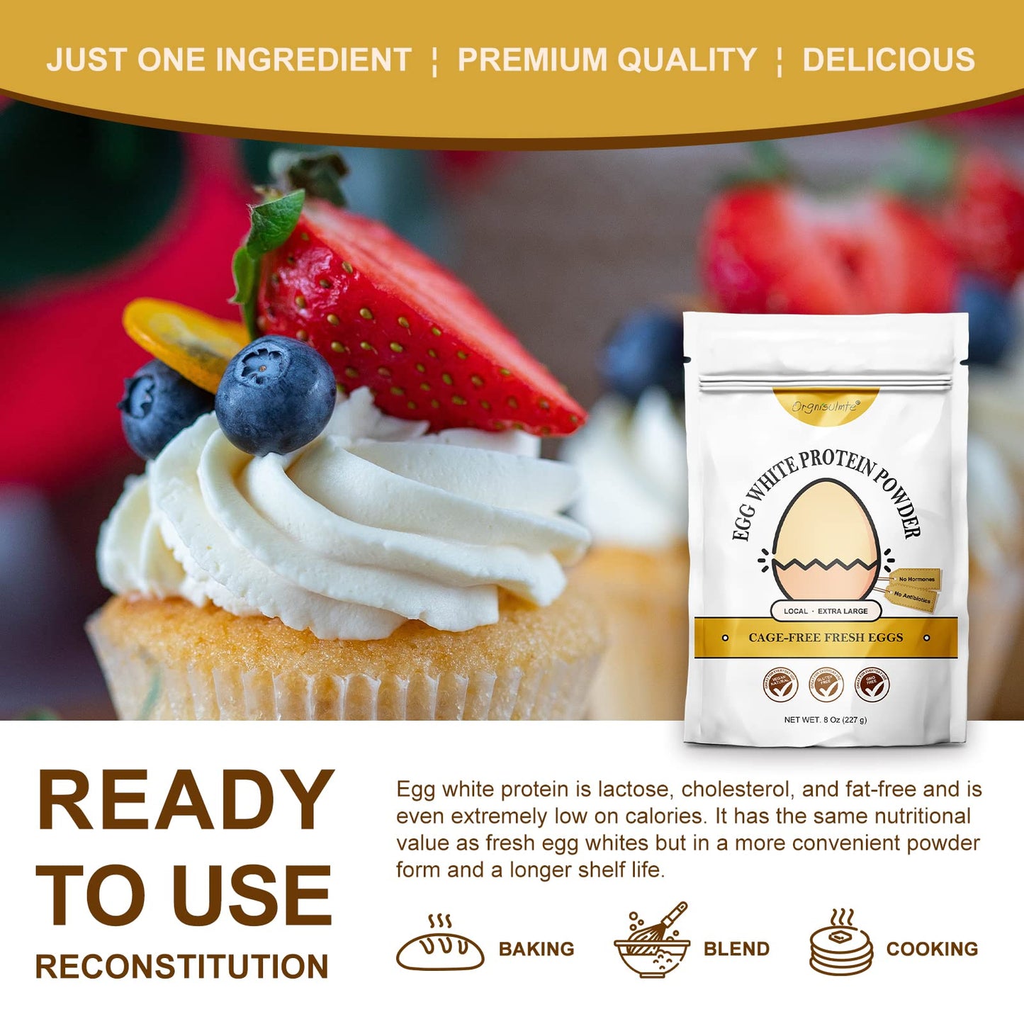 Orgnisulmte Egg White Protein Powder 8 Oz, Pasteurized Dried Egg Whites Protein, Gluten-Free, Non-GMO, Unflavored, Free Range High Whip for Baking, Desserts 227g - Maple Wellness Supplements