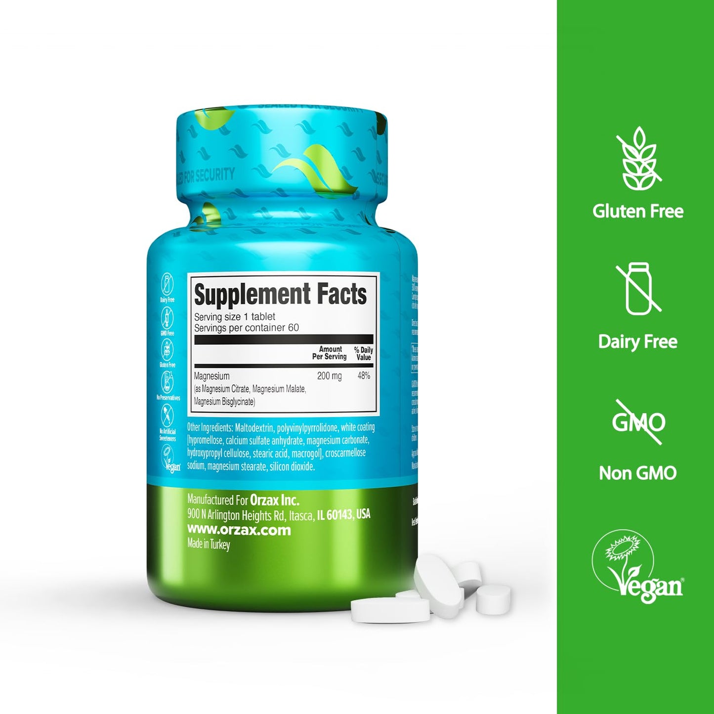 ORZAX Magnesium Triple Complex | Magnesium Glycinate, Citrate, Malate | Vegan, Gluten Free, Dairy Free, Halal | 200 mg of Triple Complex Magnesium for Muscles & Energy for Women and Men | 60 Tablets - Maple Wellness Supplements