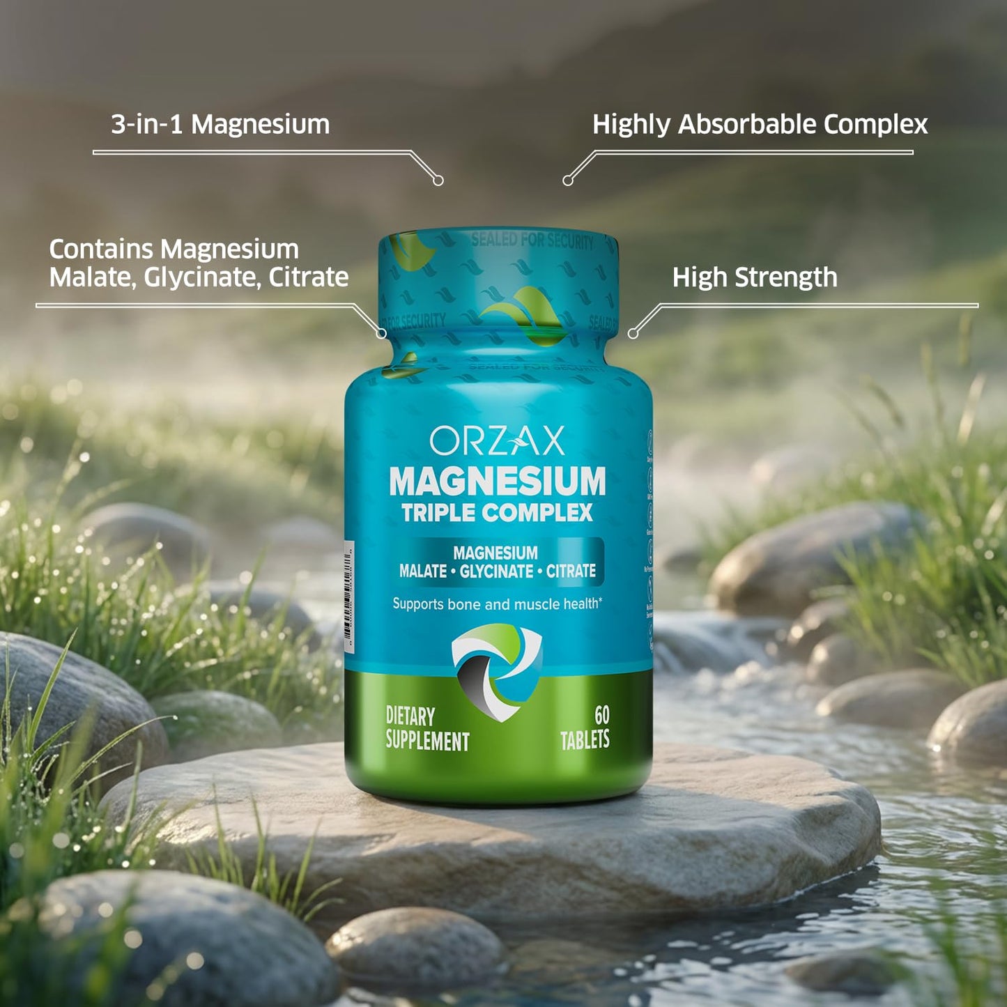 ORZAX Magnesium Triple Complex | Magnesium Glycinate, Citrate, Malate | Vegan, Gluten Free, Dairy Free, Halal | 200 mg of Triple Complex Magnesium for Muscles & Energy for Women and Men | 60 Tablets - Maple Wellness Supplements