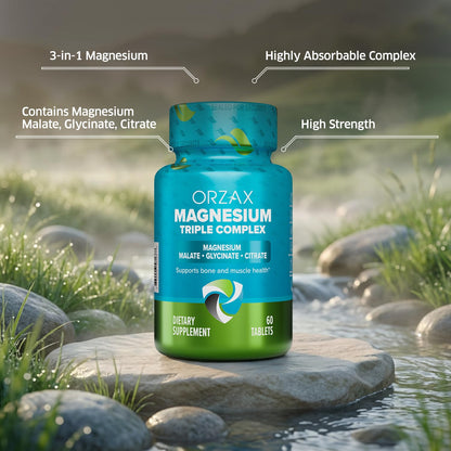 ORZAX Magnesium Triple Complex | Magnesium Glycinate, Citrate, Malate | Vegan, Gluten Free, Dairy Free, Halal | 200 mg of Triple Complex Magnesium for Muscles & Energy for Women and Men | 60 Tablets - Maple Wellness Supplements