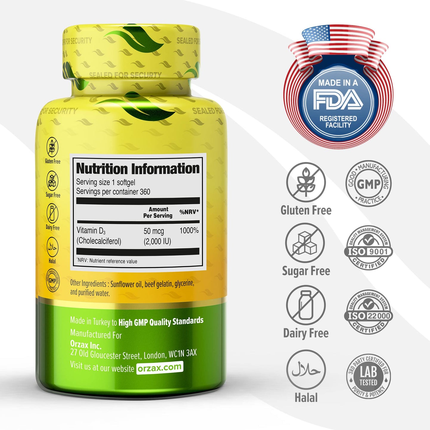 ORZAX Vitamin D3 2000 iu (50 mcg) - 1 Year Supply for Strong Muscle Function - Maple Wellness Supplements