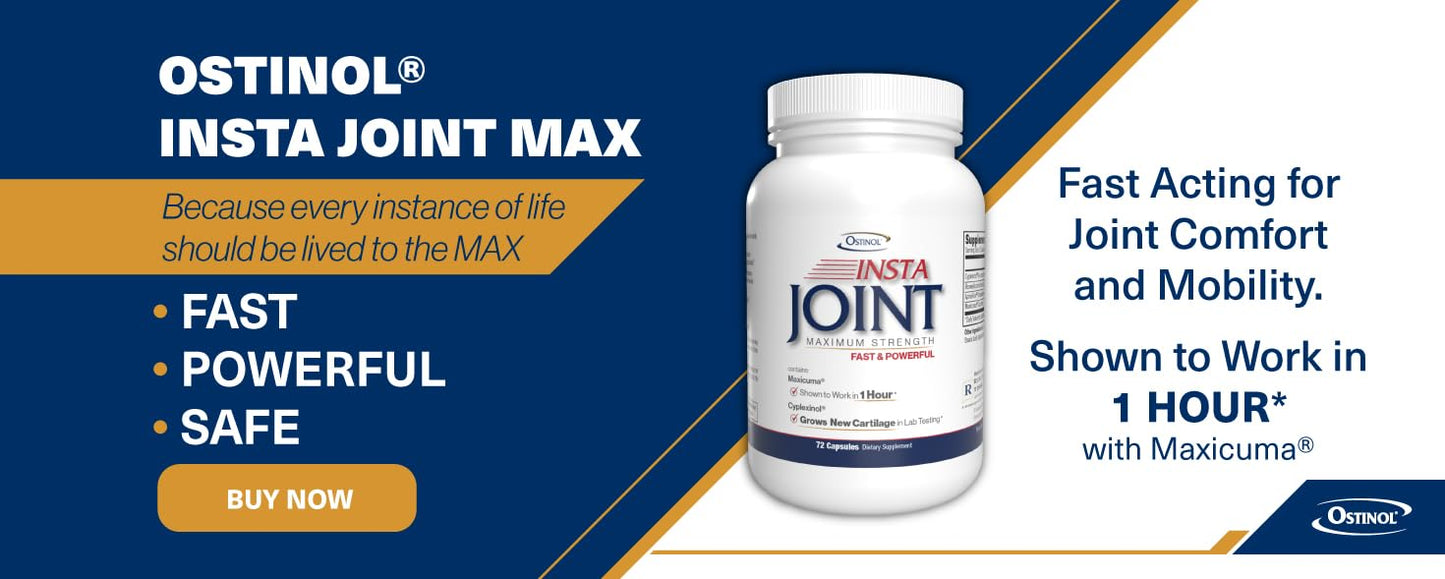Ostinol Insta Joint Maximum Strength – Advanced Joint Support Capsules with Cyplexinol®, Maxicuma®, ApresFlex® & Boswellia – Supports Cartilage, Flexibility & Mobility – 72 Capsules - Maple Wellness Supplements