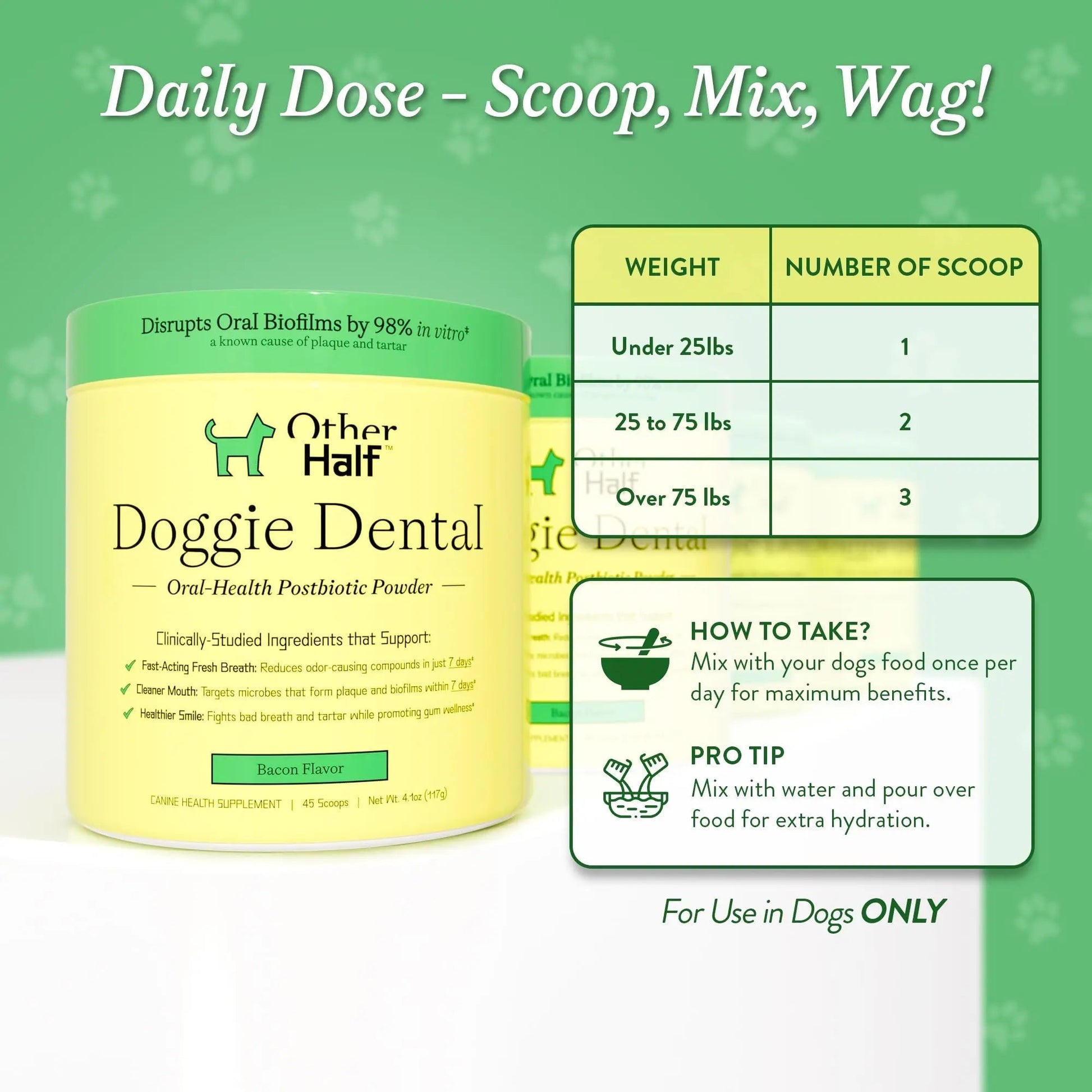 OTHER HALF Doggie Dental Supplement Powder - Dog Breath Freshener & Teeth Cleaning Made Easy - Oral Health Postbiotic for Dogs - Targets Tartar, Plaque & Bad Breath | 45 Scoops, Bacon Flavor - Maple Wellness Supplements
