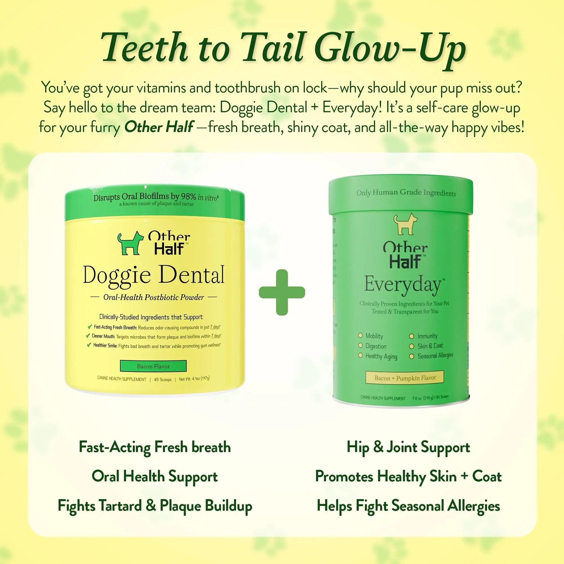 OTHER HALF Doggie Dental Supplement Powder - Dog Breath Freshener & Teeth Cleaning Made Easy - Oral Health Postbiotic for Dogs - Targets Tartar, Plaque & Bad Breath | 45 Scoops, Bacon Flavor - Maple Wellness Supplements