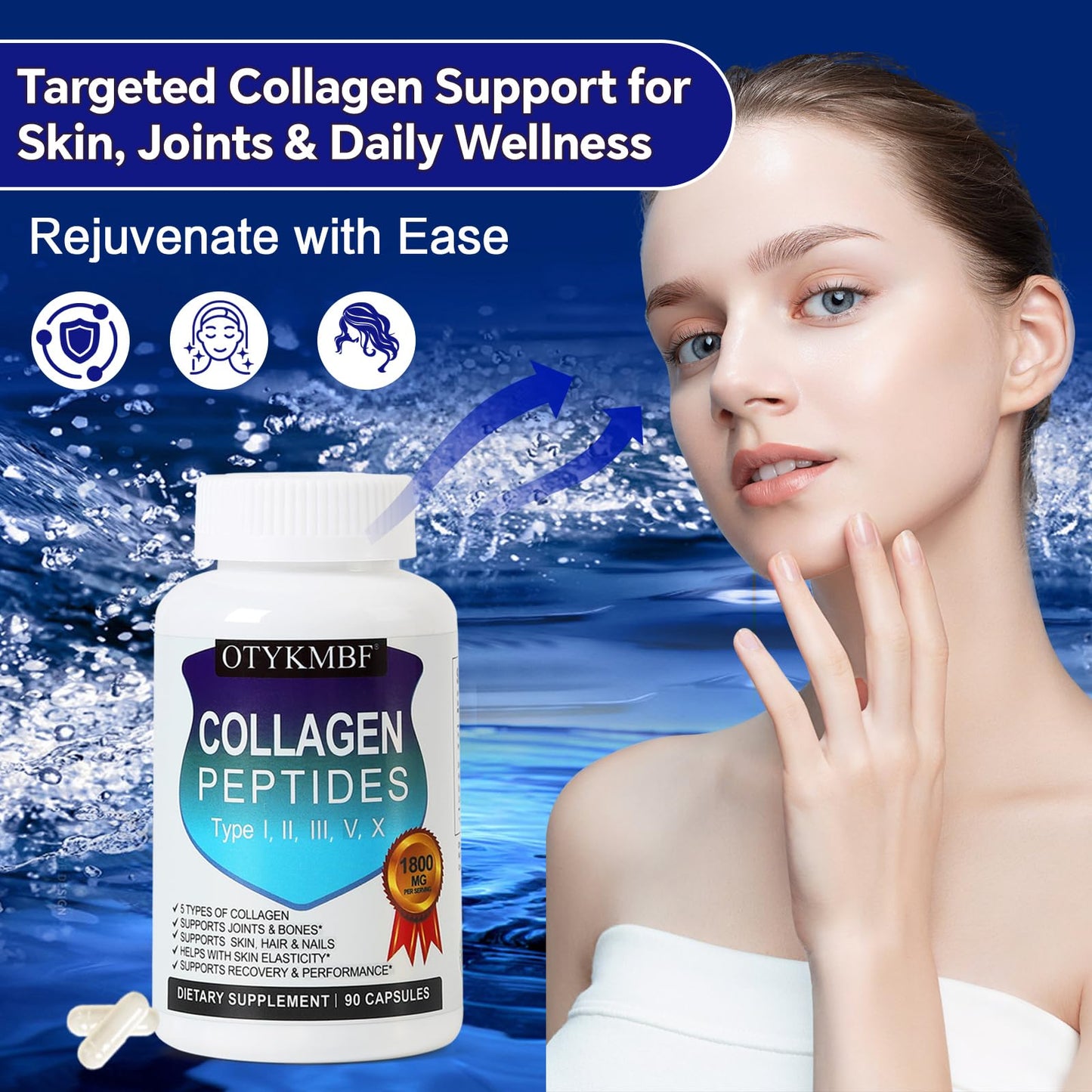 OTYKMBF Multi Collagen Peptides Pills 1800mg, Type I, II, III, V, X - Hydrolyzed Premium Collagen Complex Supports Skin, Joints, Hair & Nails, Hydrolyzed Protein for Women Men, 90 Capsules - Maple Wellness Supplements