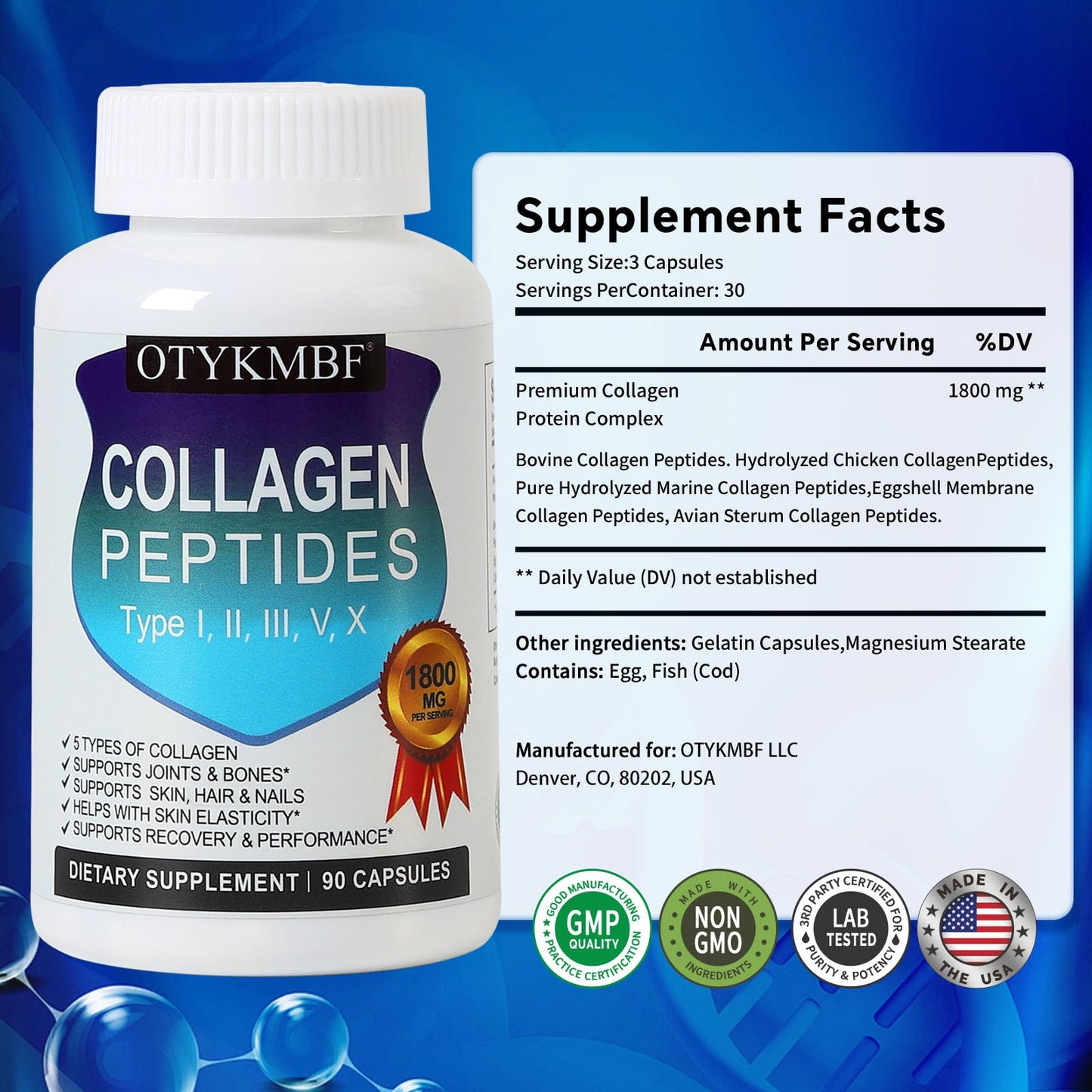 OTYKMBF Multi Collagen Peptides Pills 1800mg, Type I, II, III, V, X - Hydrolyzed Premium Collagen Complex Supports Skin, Joints, Hair & Nails, Hydrolyzed Protein for Women Men, 90 Capsules - Maple Wellness Supplements