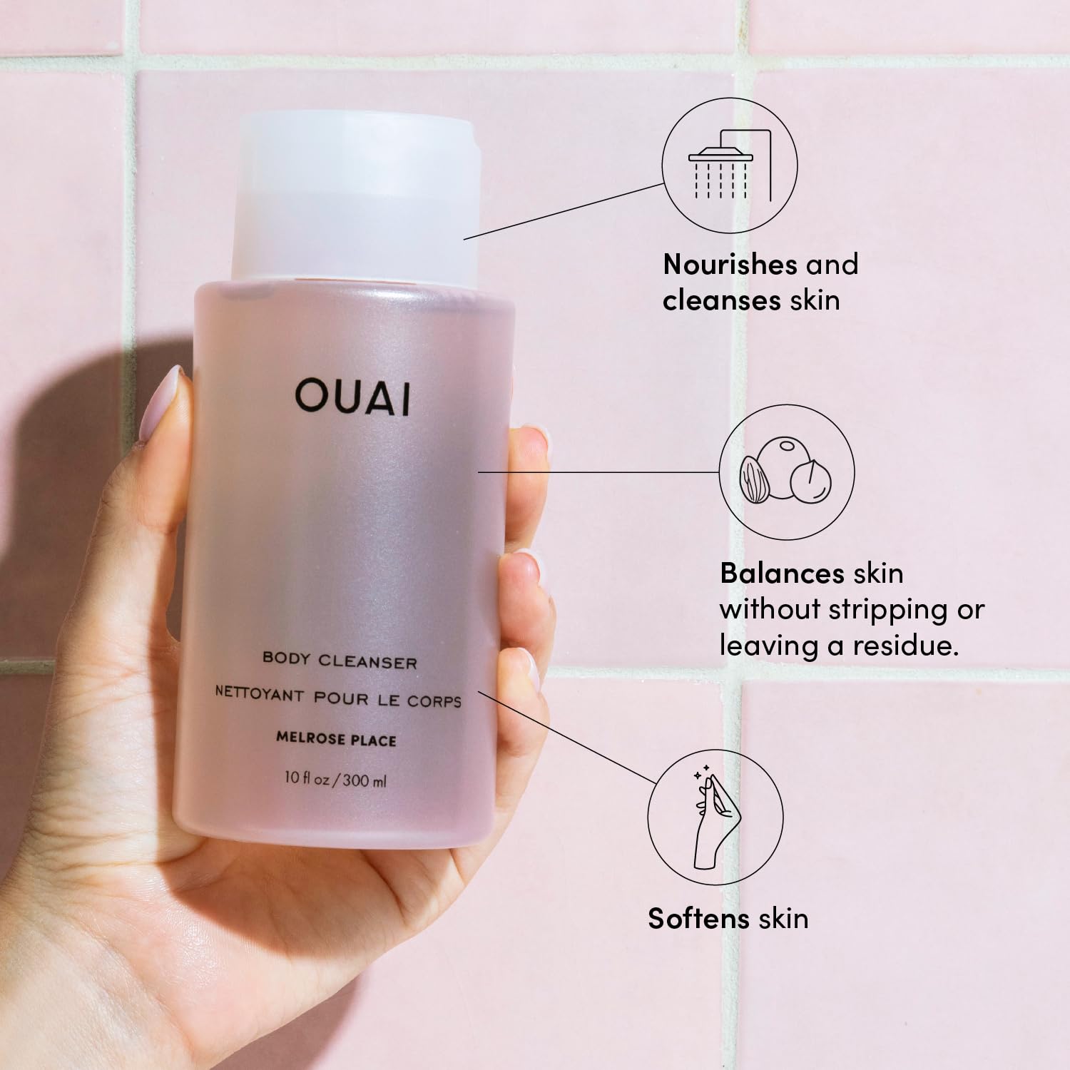 OUAI Body Cleanser, Melrose Place - Foaming Body Wash with Jojoba Oil and Rosehip Oil to Hydrate, Nurture, Balance and Soften Skin - Paraben, Phthalate and Sulfate Free Skin Care Products (10 Fl Oz) - Maple Wellness Supplements