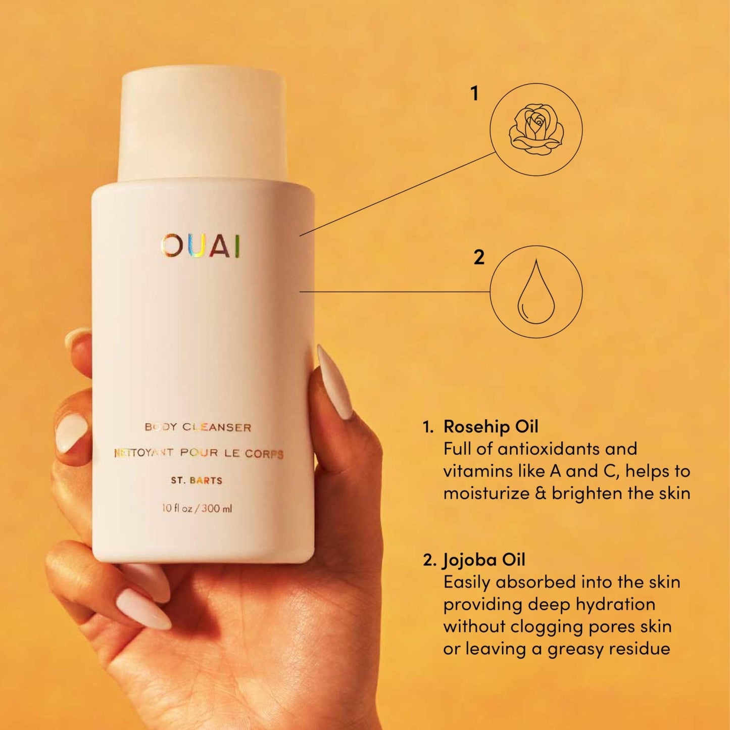 OUAI Body Cleanser, St. Barts - Foaming Body Wash with Jojoba Oil and Rosehip Oil to Hydrate, Nurture, Balance and Soften Skin - Paraben - Maple Wellness Supplements