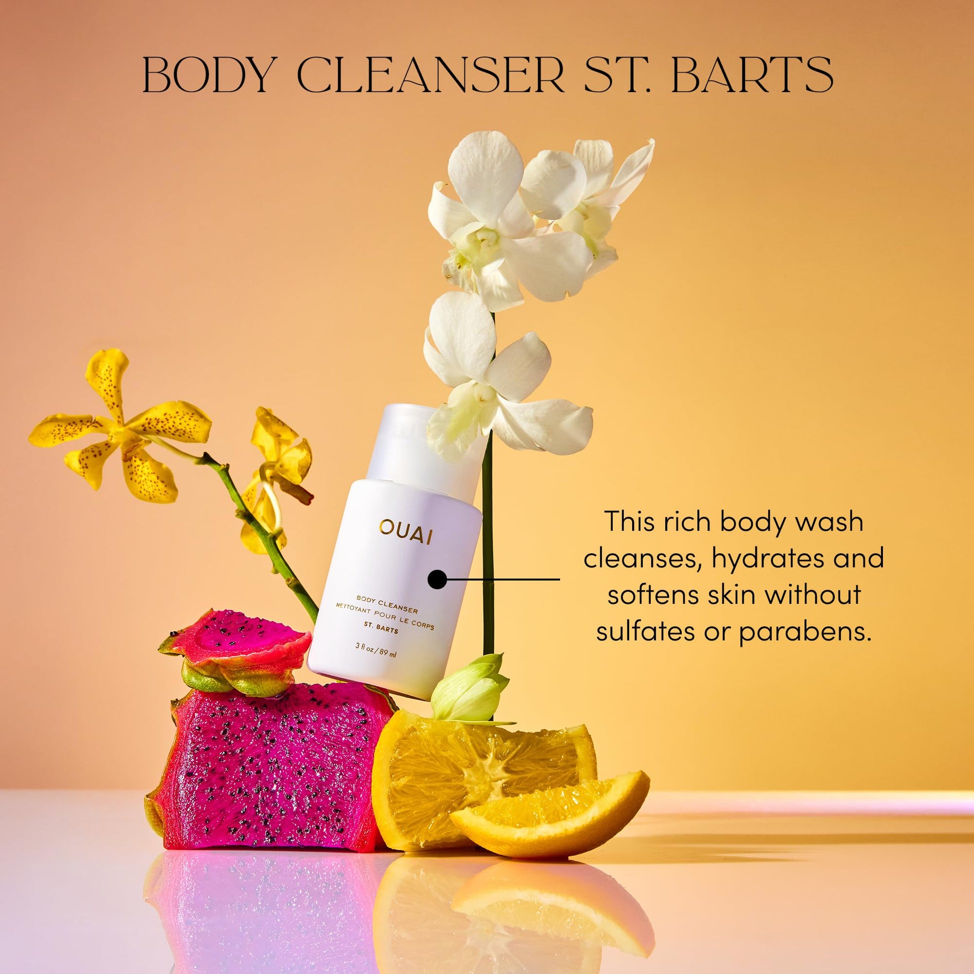 OUAI Body Cleanser, St. Barts Travel Size - Foaming Body Wash with Jojoba Oil & Rosehip Oil to Hydrate, Balance & Soften Skin - Paraben, Phthalate & Sulfate Free Skin Care Products (3 fl oz) - Maple Wellness Supplements