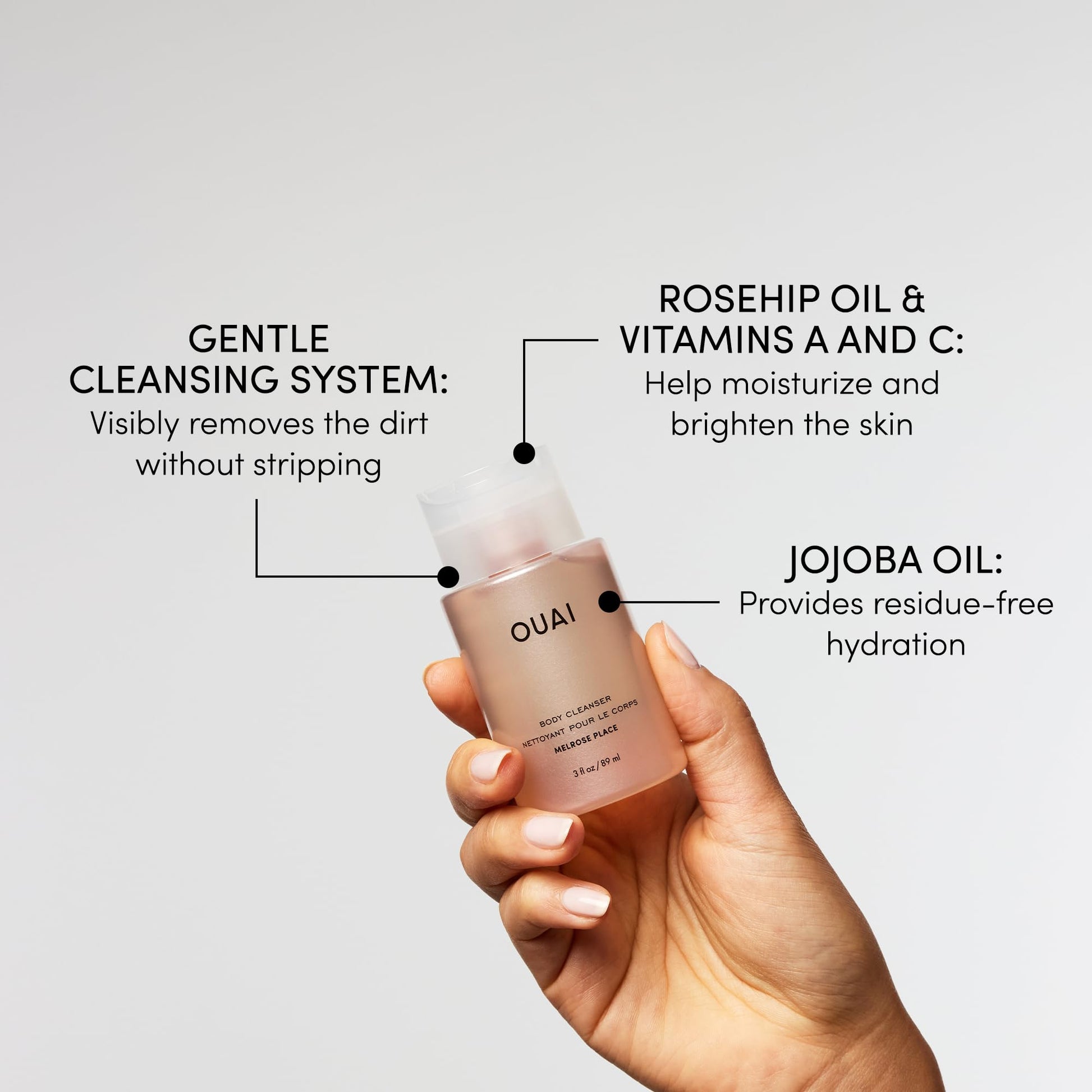 OUAI Body Cleanser Travel Size, Melrose Place - Foaming Body Wash with Jojoba Oil & Rosehip Oil to Hydrate, Balance & Soften Skin - Paraben, Phthalate, Sulfate Free Skin Care Products (3 Fl Oz) - Maple Wellness Supplements