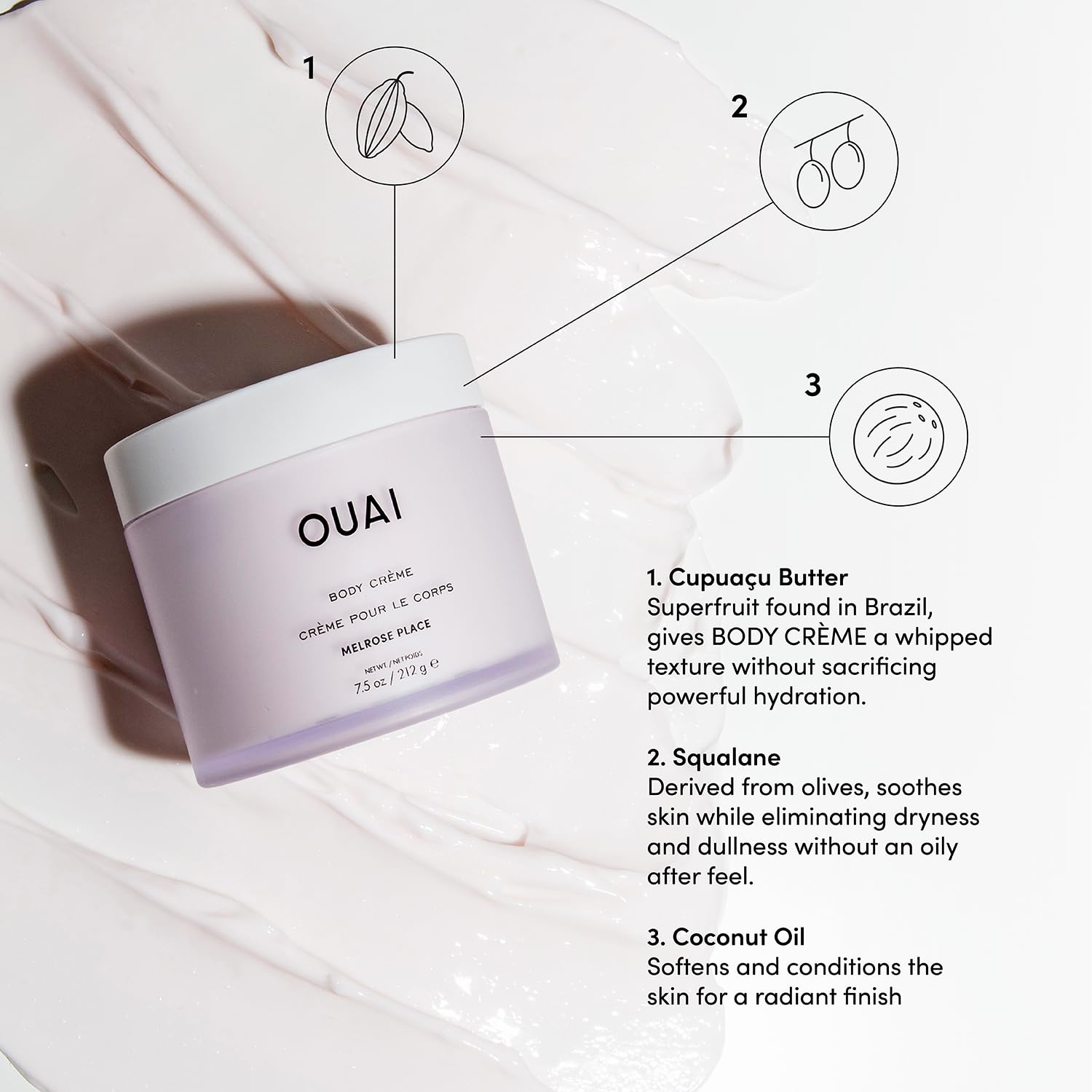 OUAI Body Cream, Melrose Place - Hydrating Whipped Body Cream with Cupuaçu Butter, Coconut Oil and Squalane - Softens Skin and Delivers Healthy-Looking Glow - Sulfate Free Skin Care (7.5 Oz) - Maple Wellness Supplements
