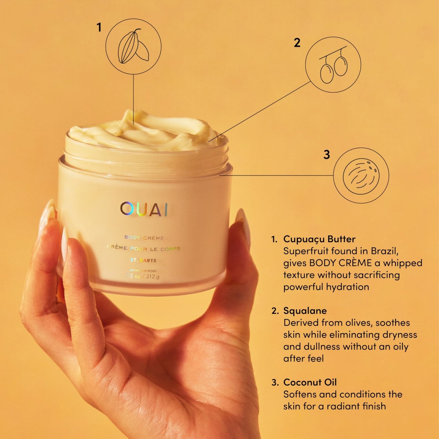 OUAI Body Cream, St. Barts - Hydrating Whipped Body Cream with Cupuaçu Butter, Coconut Oil and Squalane - Softens Skin and Delivers Healthy-Looking Glow - Sulfate-Free Skin Care (7.5 Oz) - Maple Wellness Supplements