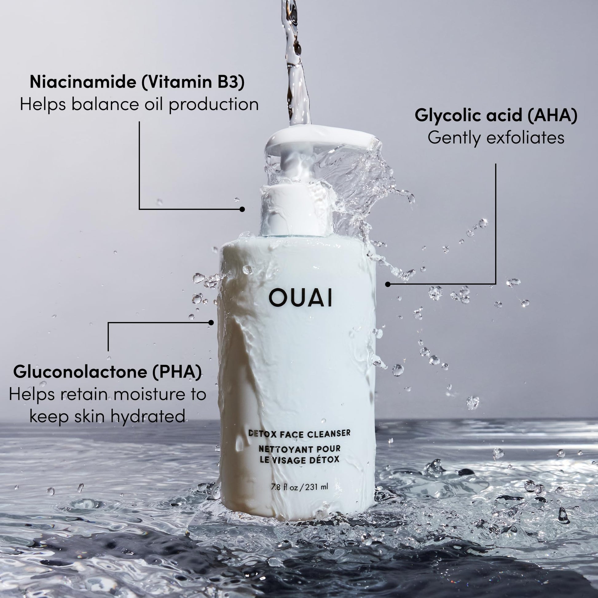 OUAI Detox Facial Cleanser - Deep Cleansing Face Wash with Glycolic Acid, Niacinamide & PHA - Removes Sweat, Dirt & Oil Without Drying - Gentle Face Cleanser for Post-Workout (7.8 Fl Oz) - Maple Wellness Supplements