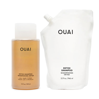 OUAI Detox Shampoo + Refill - Clarifying Shampoo for Build Up, Oil, Product & Hard Water - Apple Cider Vinegar & Keratin for Clean, Refreshed Hair - Sulfate Free Hair Care (2 Count, 10 Oz/32 Oz) - Maple Wellness Supplements