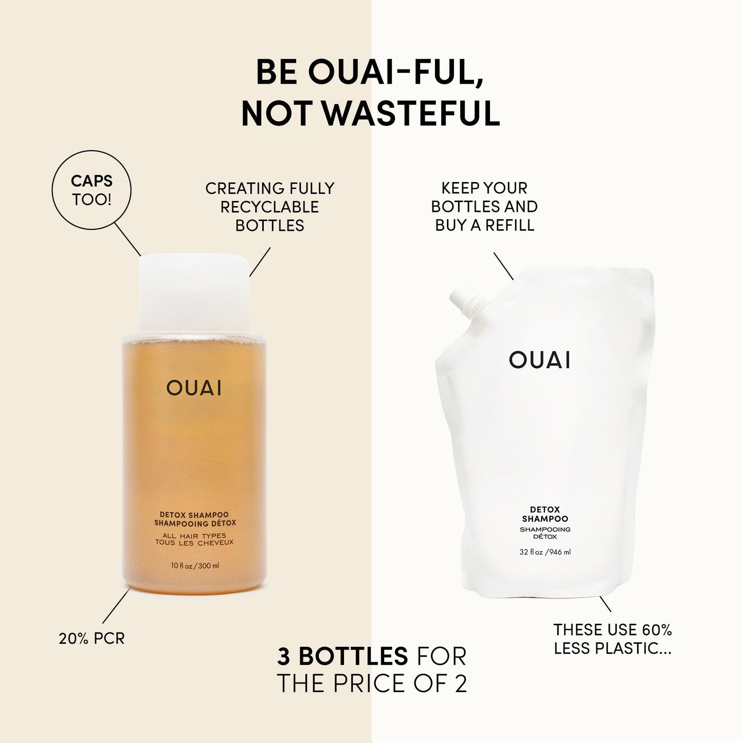 OUAI Detox Shampoo + Refill - Clarifying Shampoo for Build Up, Oil, Product & Hard Water - Apple Cider Vinegar & Keratin for Clean, Refreshed Hair - Sulfate Free Hair Care (2 Count, 10 Oz/32 Oz) - Maple Wellness Supplements