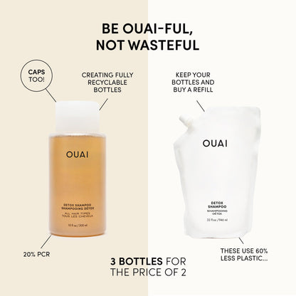 OUAI Detox Shampoo + Refill - Clarifying Shampoo for Build Up, Oil, Product & Hard Water - Apple Cider Vinegar & Keratin for Clean, Refreshed Hair - Sulfate Free Hair Care (2 Count, 10 Oz/32 Oz) - Maple Wellness Supplements