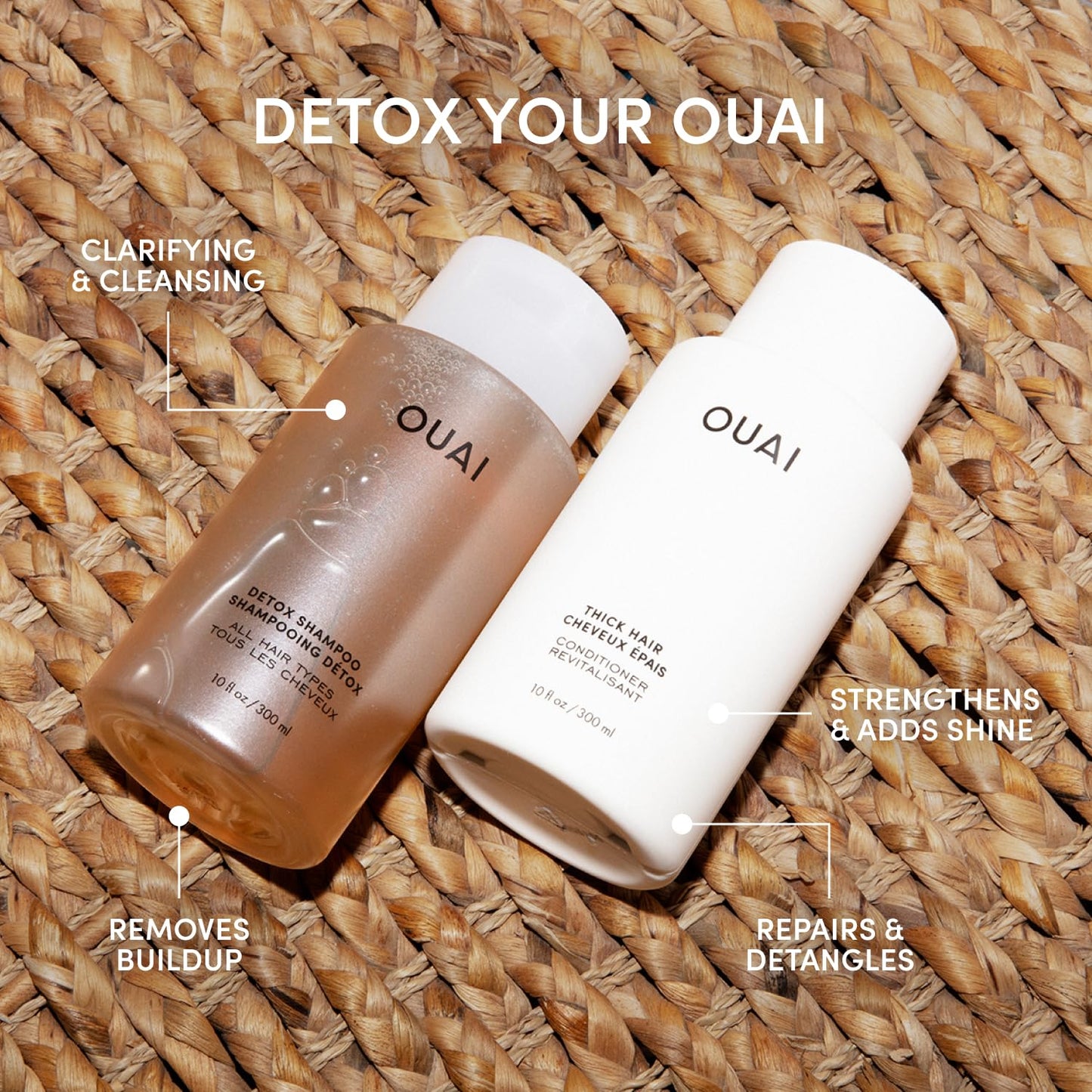 OUAI Detox Shampoo & Thick Hair Conditioner Bundle - Clarifying Shampoo for Build Up, Dirt, Oil, Product and Hard Water & Moisturizing Conditioner for Thick Hair (2 Count) - Maple Wellness Supplements