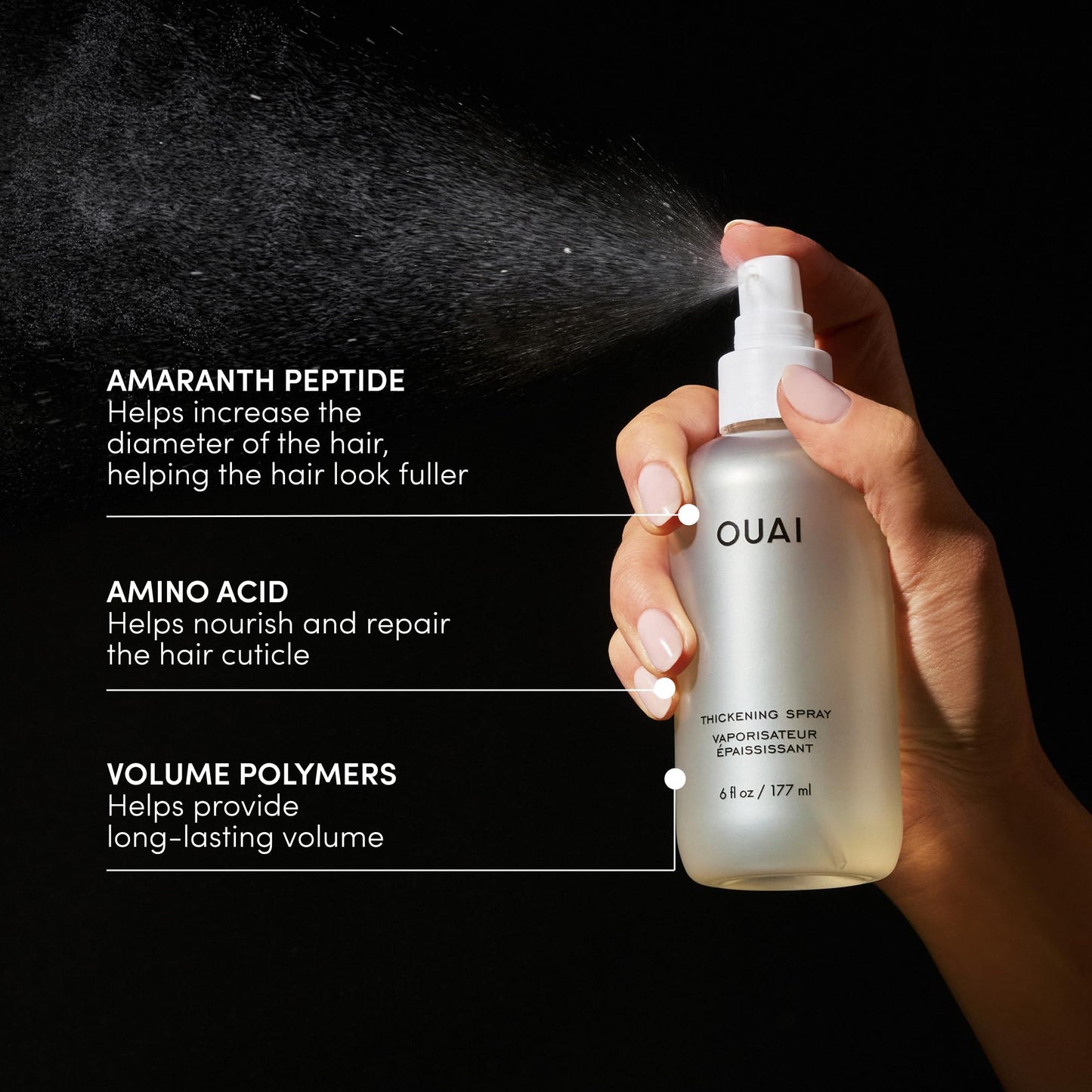 OUAI Hair Thickening Spray - Thickening & Volumizing Spray for Instantly Thicker, Fuller-Looking Hair - Protects, Strengthens & Repairs with Amaranth Peptide & Amino Acids (6 Fl Oz) - Maple Wellness Supplements