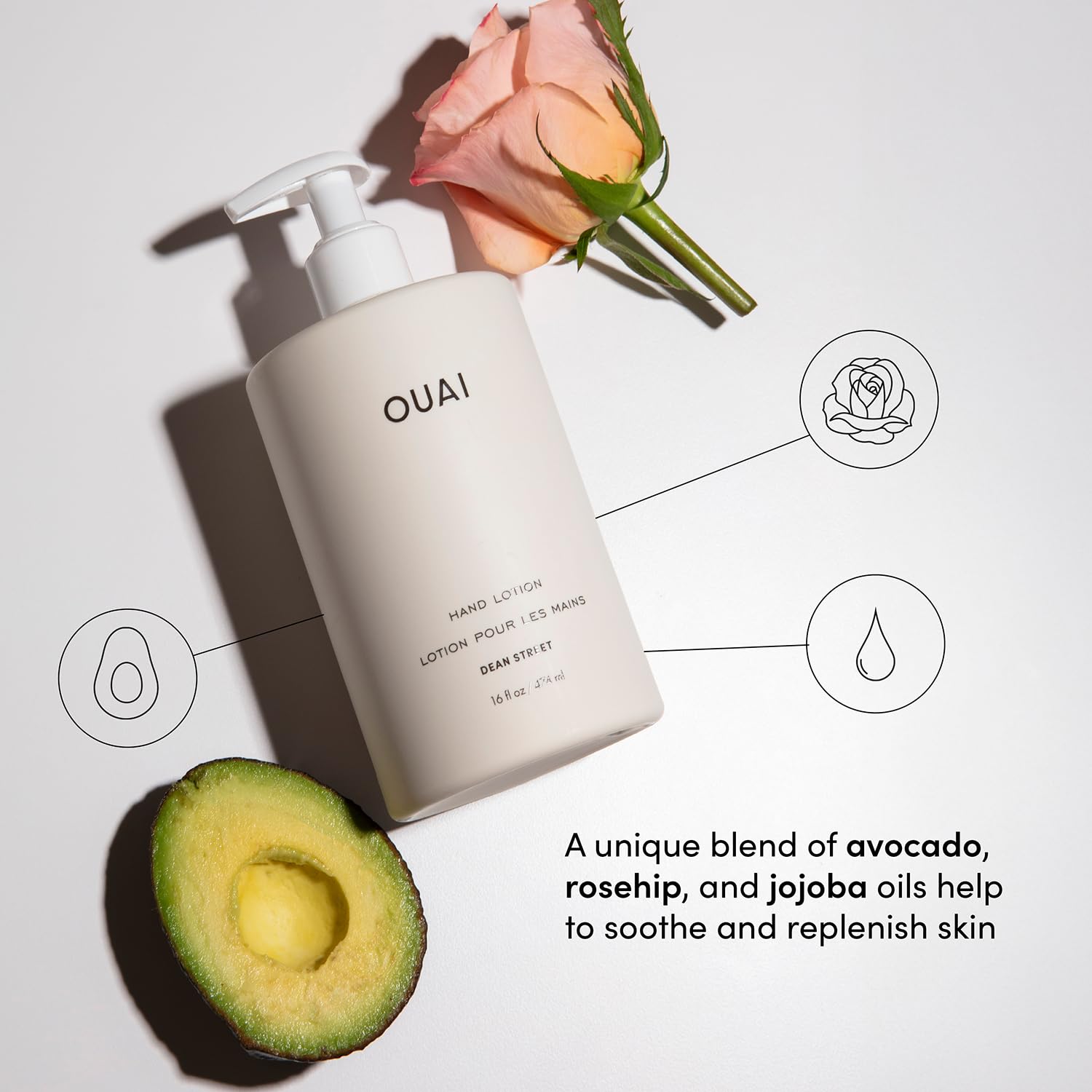 OUAI Hand Lotion - Daily, Lightweight, Hydrating Lotion for Dry Skin - Made with Avocado, Rosehip and Jojoba Oil to Lock in Moisture - Never Greasy (16 Fl Oz) - Maple Wellness Supplements