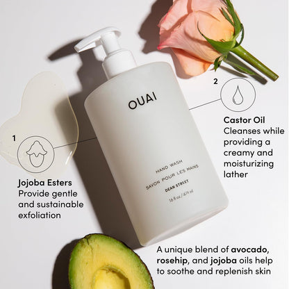 OUAI Hand Wash, Dean Street - Liquid Hand Soap with Jojoba, Avocado, & Rose Hip Oil for Replenished Skin - Gentle Exfoliating Kitchen & Bathroom Soap (16 Fl Oz) - Maple Wellness Supplements