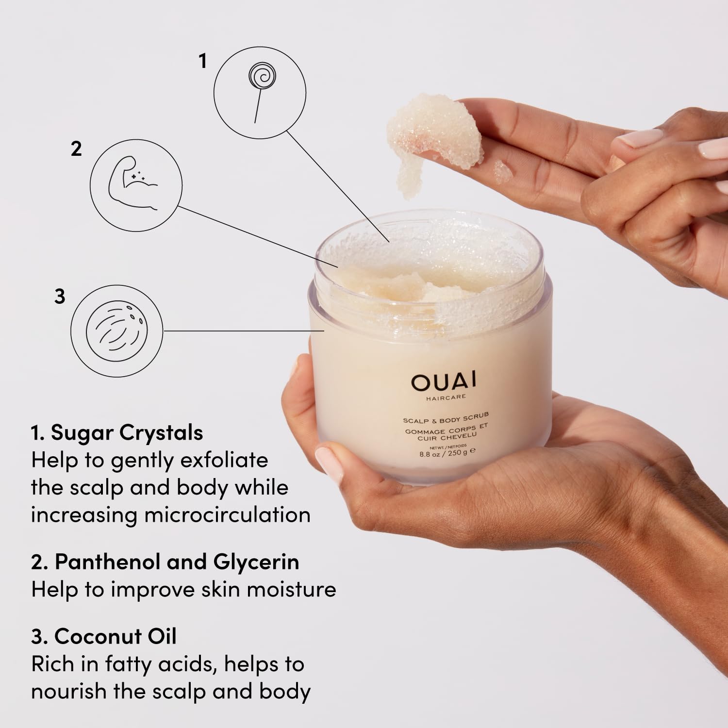 OUAI Scalp & Body Scrub, Melrose Place - Exfoliating Body Scrub with Sugar & Coconut Oil Blend for Smooth, Moisturized Skin - Gentle Scalp Exfoliator for Removing Product Build Up (8.8 Oz) - Maple Wellness Supplements