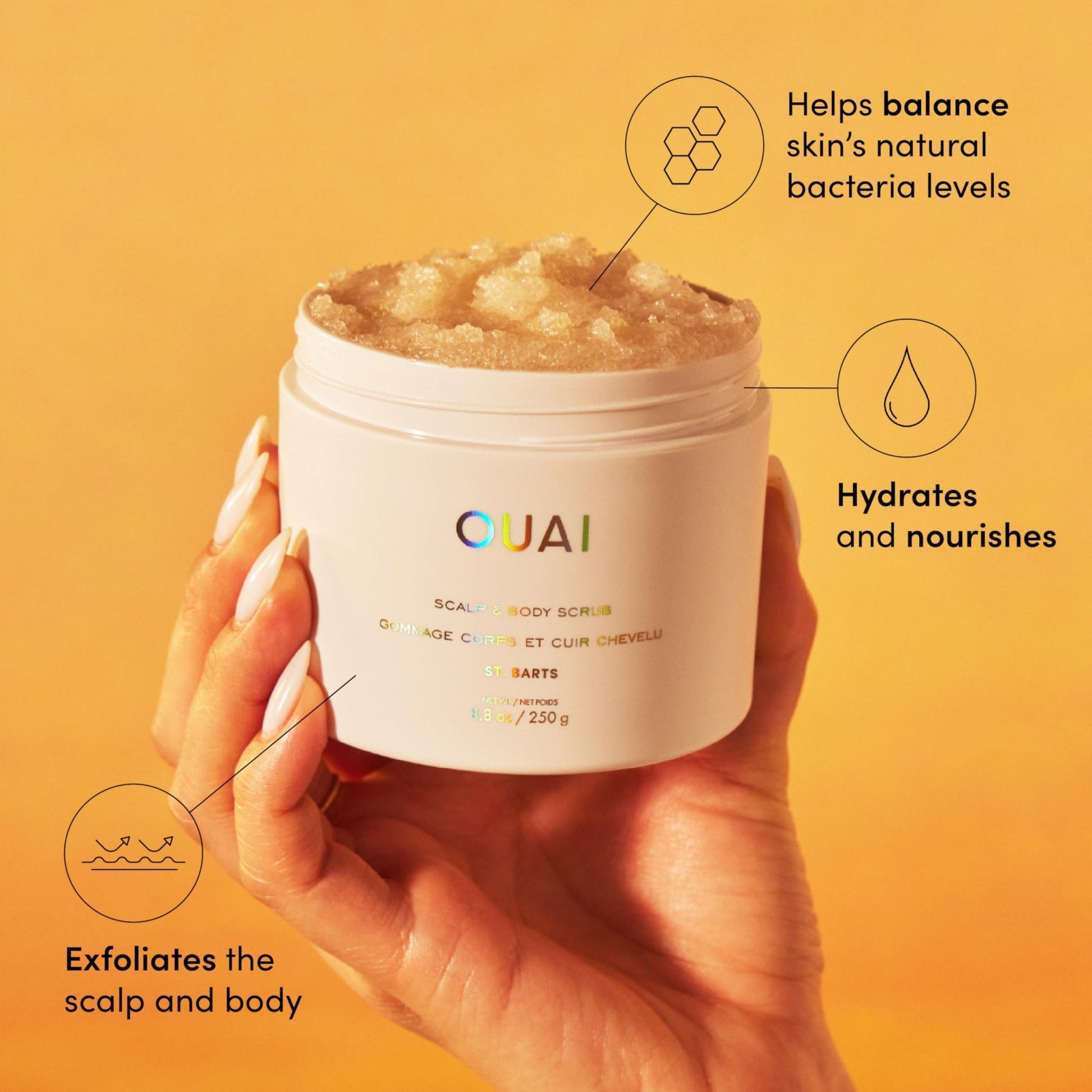 OUAI Scalp & Body Scrub, St. Barts - Exfoliating Body Scrub with Sugar & Coconut Oil Blend for Smooth, Moisturized Skin - Gentle Scalp Exfoliator for Removing Product Build Up (8.8 Oz) - Maple Wellness Supplements