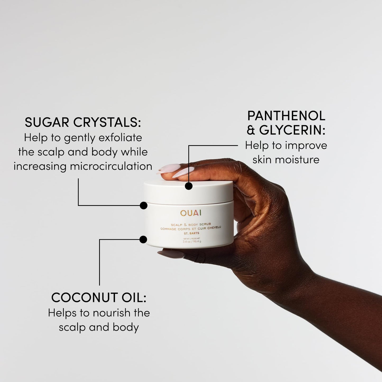 OUAI Scalp & Body Scrub, St. Barts Travel Size - Exfoliating Body Scrub with Sugar & Coconut Oil Blend for Smooth, Moisturized Skin - Gentle Scalp Exfoliator for Removing Product Build Up (3.4 oz) - Maple Wellness Supplements