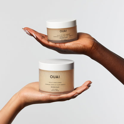 OUAI Scalp & Body Scrub Travel Size, Melrose Place - Exfoliating Body Scrub with Sugar & Coconut Oil Blend for Smooth, Moisturized Skin - Gentle for Removing Product Build Up (3.4 Oz) - Maple Wellness Supplements