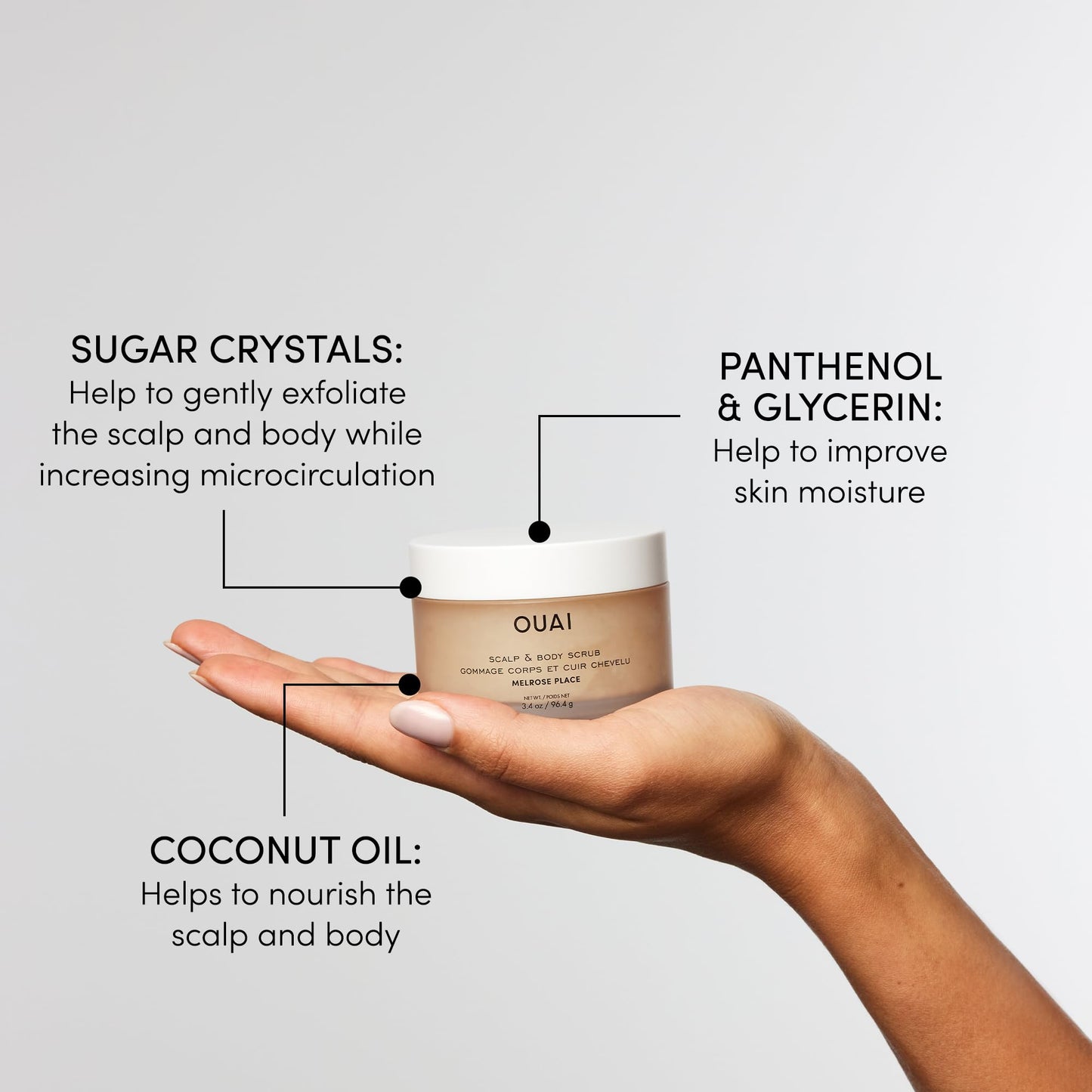 OUAI Scalp & Body Scrub Travel Size, Melrose Place - Exfoliating Body Scrub with Sugar & Coconut Oil Blend for Smooth, Moisturized Skin - Gentle for Removing Product Build Up (3.4 Oz) - Maple Wellness Supplements
